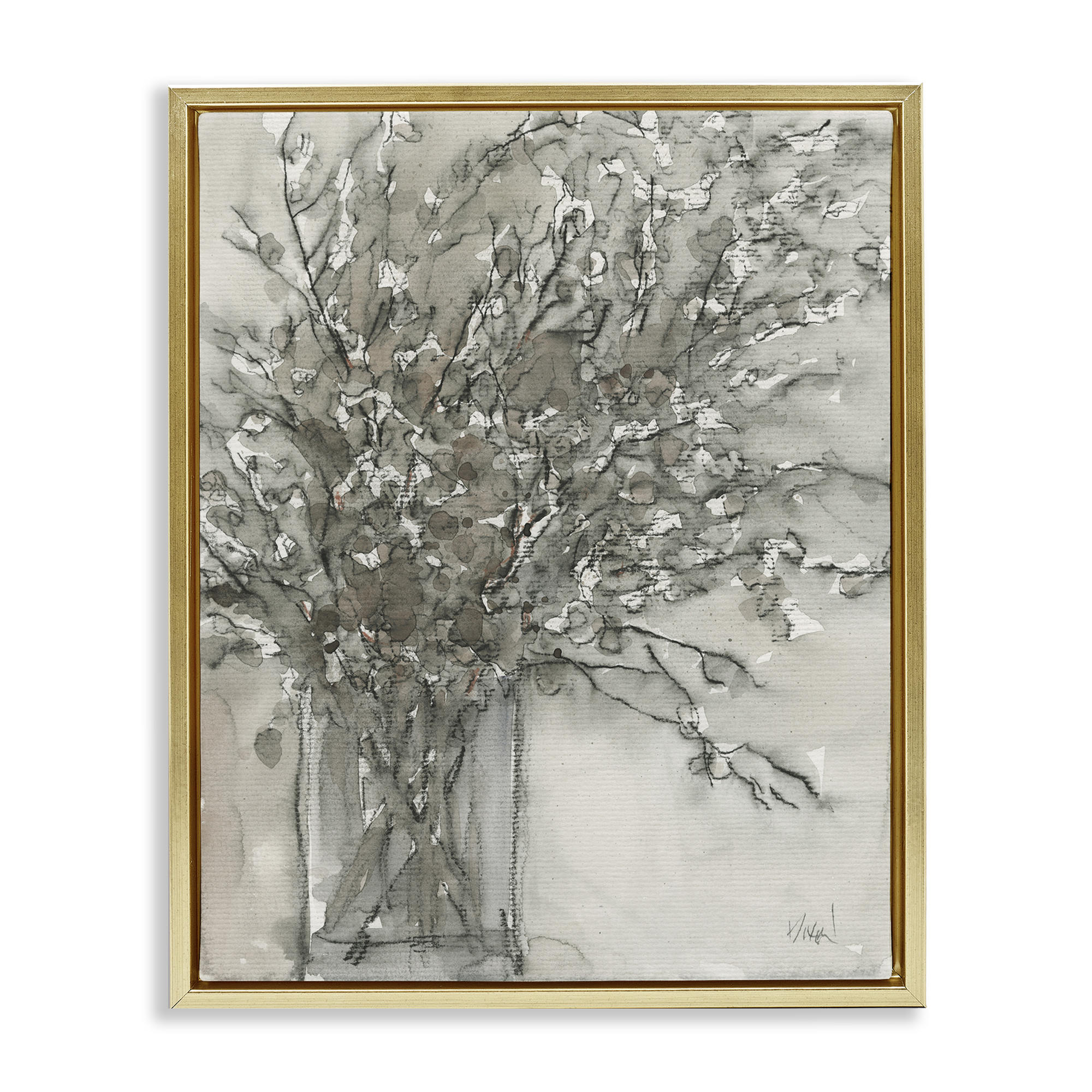 Stupell Industries Grey Charcoal Bouquet Plants & Flowers Painting Gold Floater Framed Canvas Art Print Wall Art, 17 x 21
