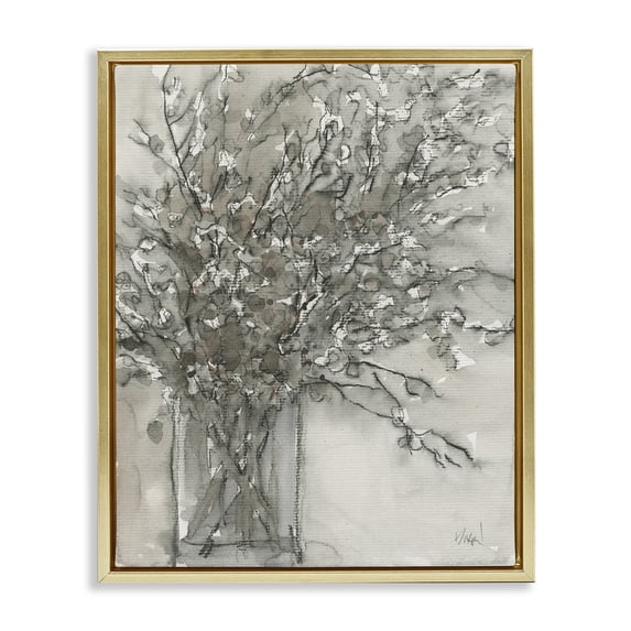 Stupell Industries Grey Charcoal Bouquet Plants & Flowers Painting Gold Floater Framed Canvas Art Print Wall Art, 17 x 21