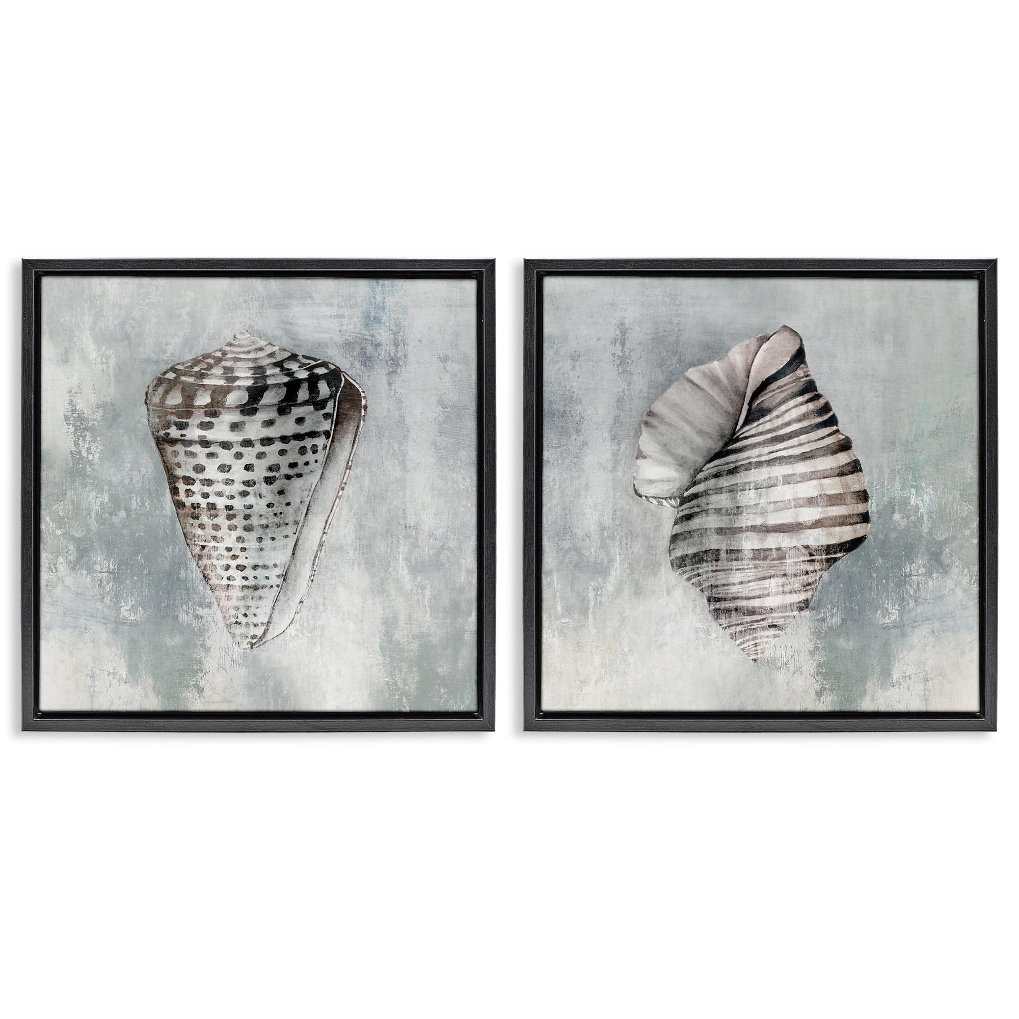 Stupell Industries Grey Distressed Cowrie Shells Nautical & Beach Painting Black Floater Framed Canvas Art Print Wall Art, 18 x 18, Set of 2