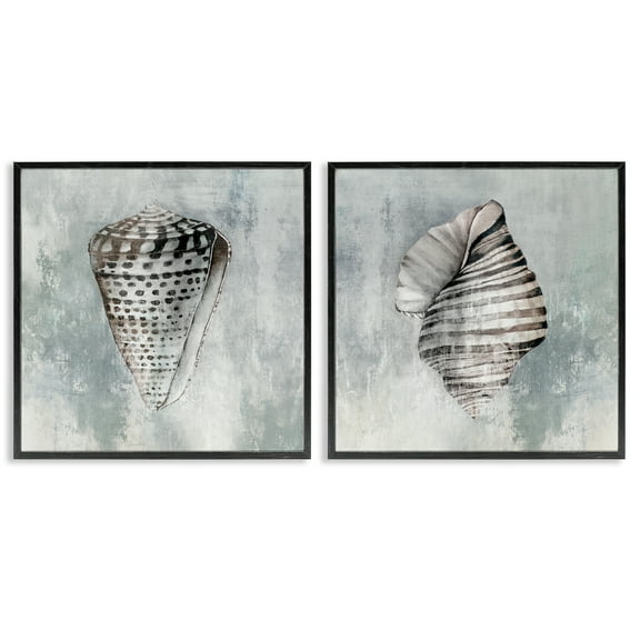 Stupell Industries Grey Distressed Cowrie Shells Nautical & Beach Painting Black Framed Art Print Wall Art, 12 x 12, Set of 2