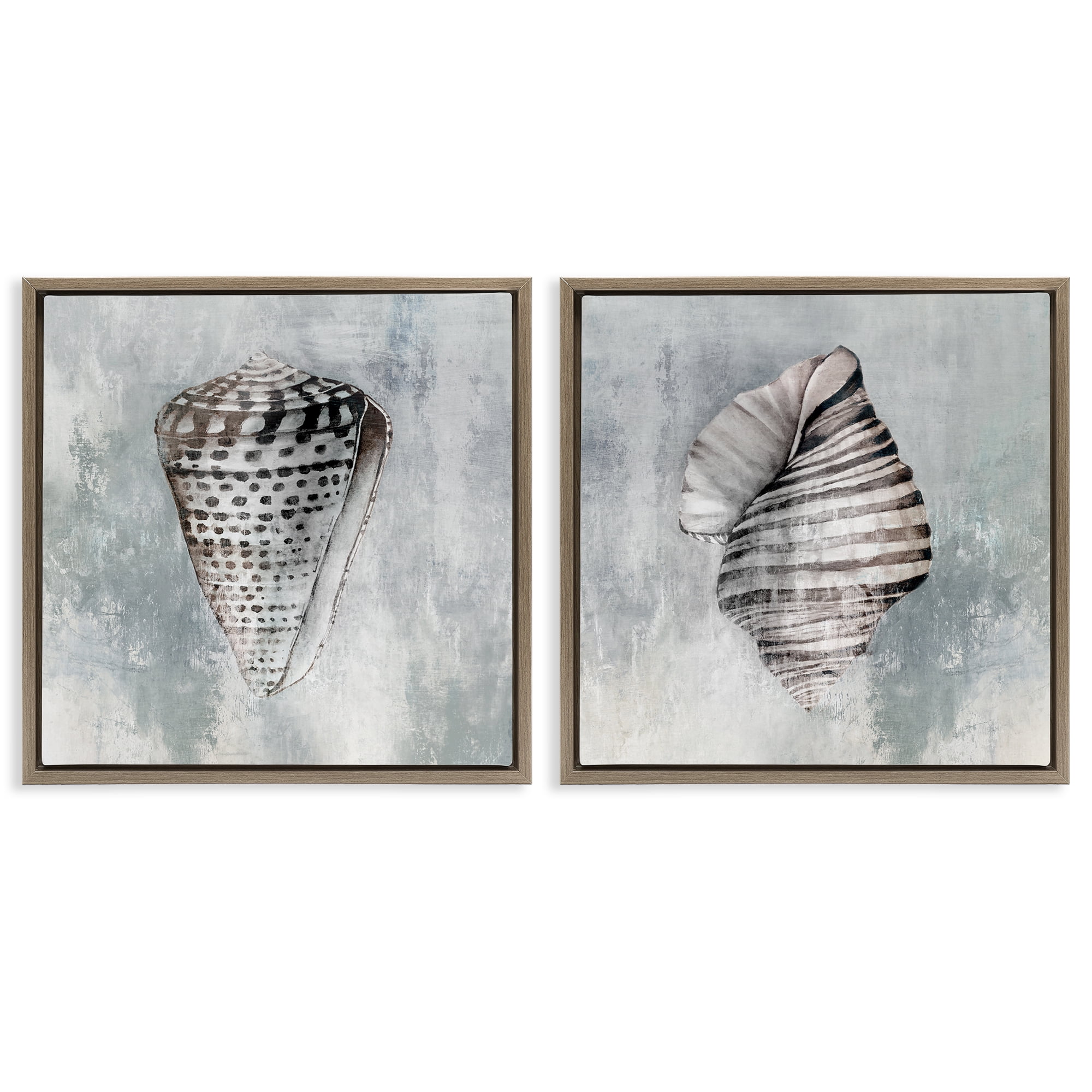 Stupell Industries Grey Distressed Cowrie Shells Nautical & Beach Painting Brown Floater Framed Canvas Art Print Wall Art, 18 x 18, Set of 2