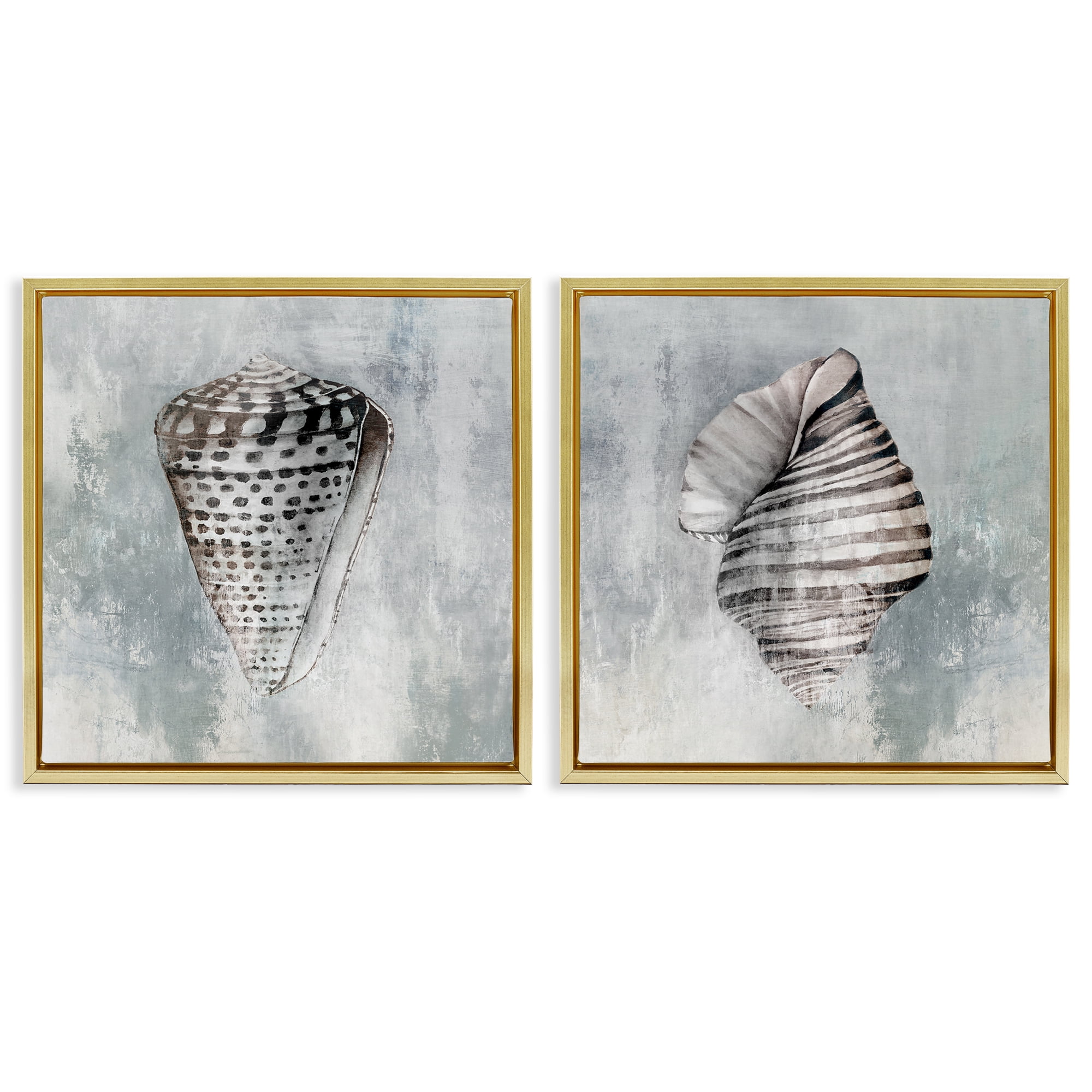 Stupell Industries Grey Distressed Cowrie Shells Nautical & Beach Painting Gold Floater Framed Canvas Art Print Wall Art, 18 x 18, Set of 2