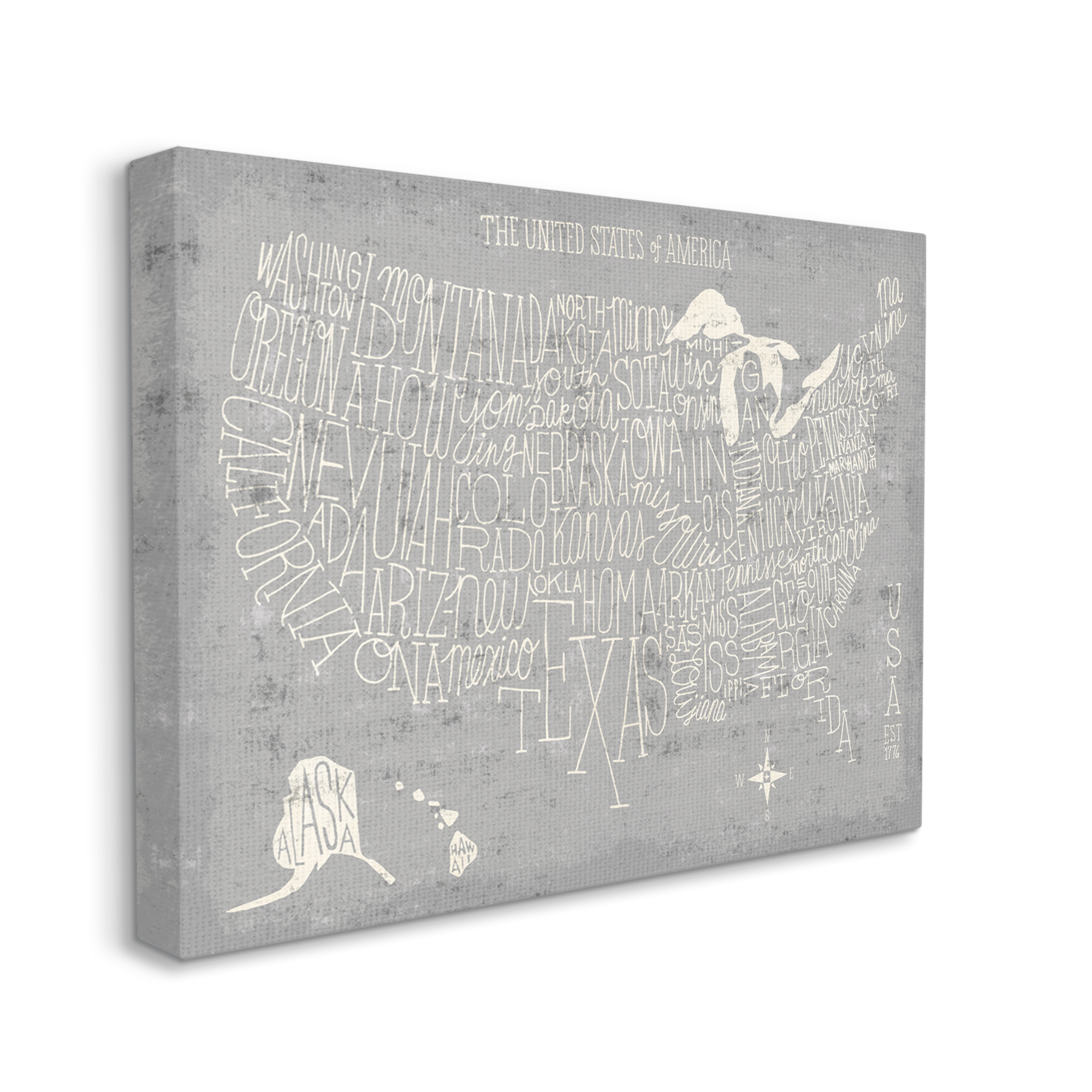 Stupell Industries Grey Distressed US Map Playful Typography Canvas Wall Art by Michael Mullan