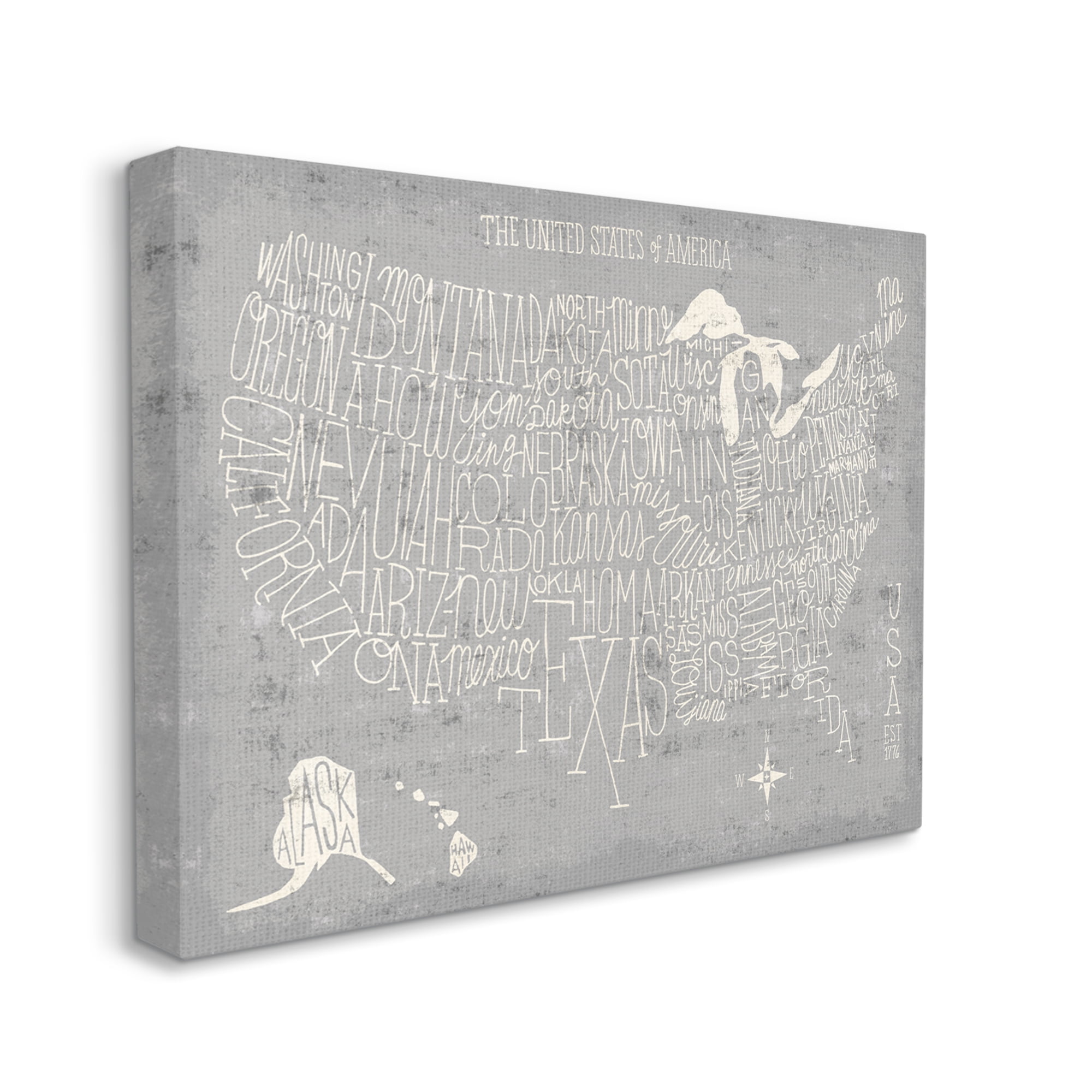 Stupell Industries Grey Distressed US Map Playful Typography Canvas Wall Art by Michael Mullan
