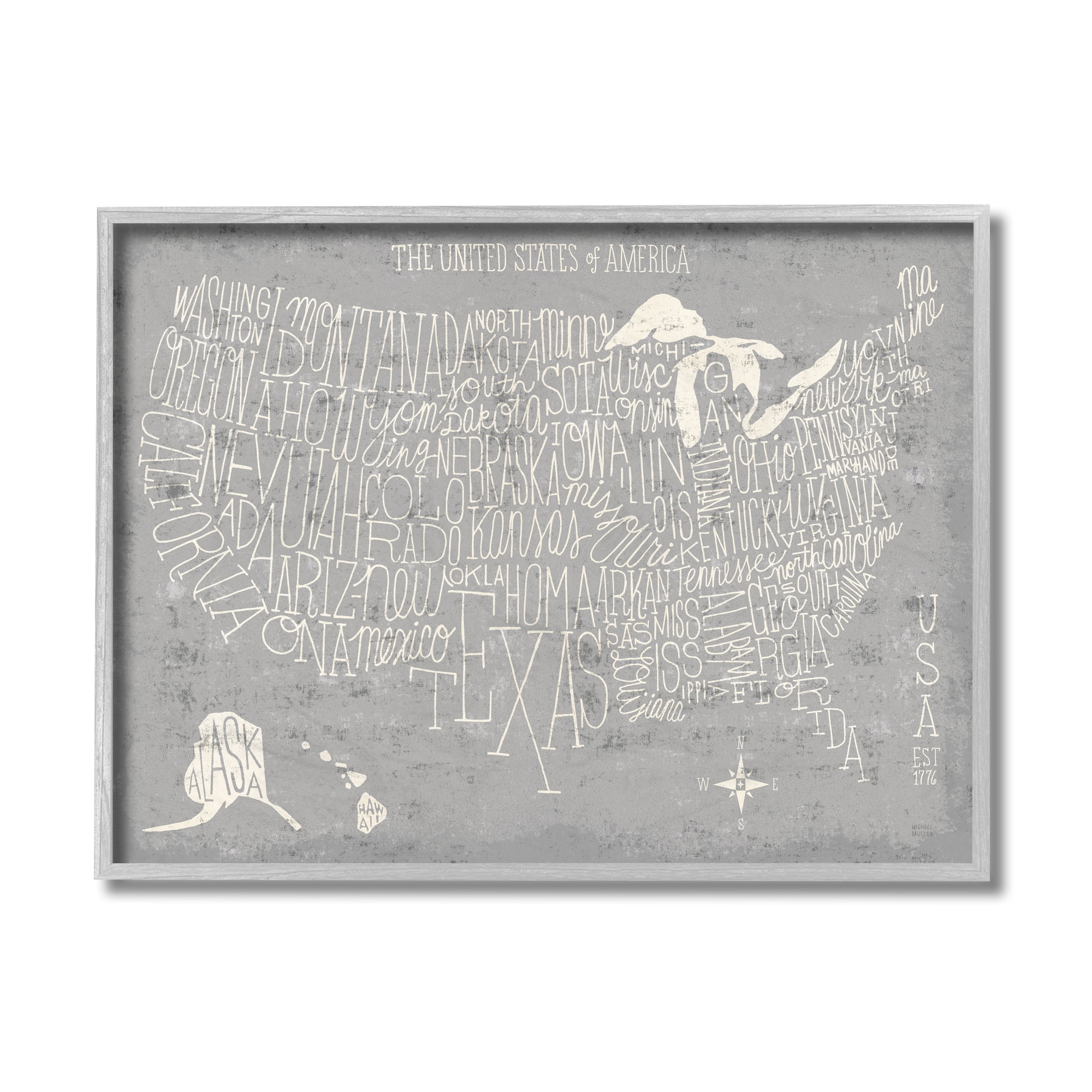 Stupell Industries Grey Distressed US Map Playful Typography Gray Framed by Michael Mullan