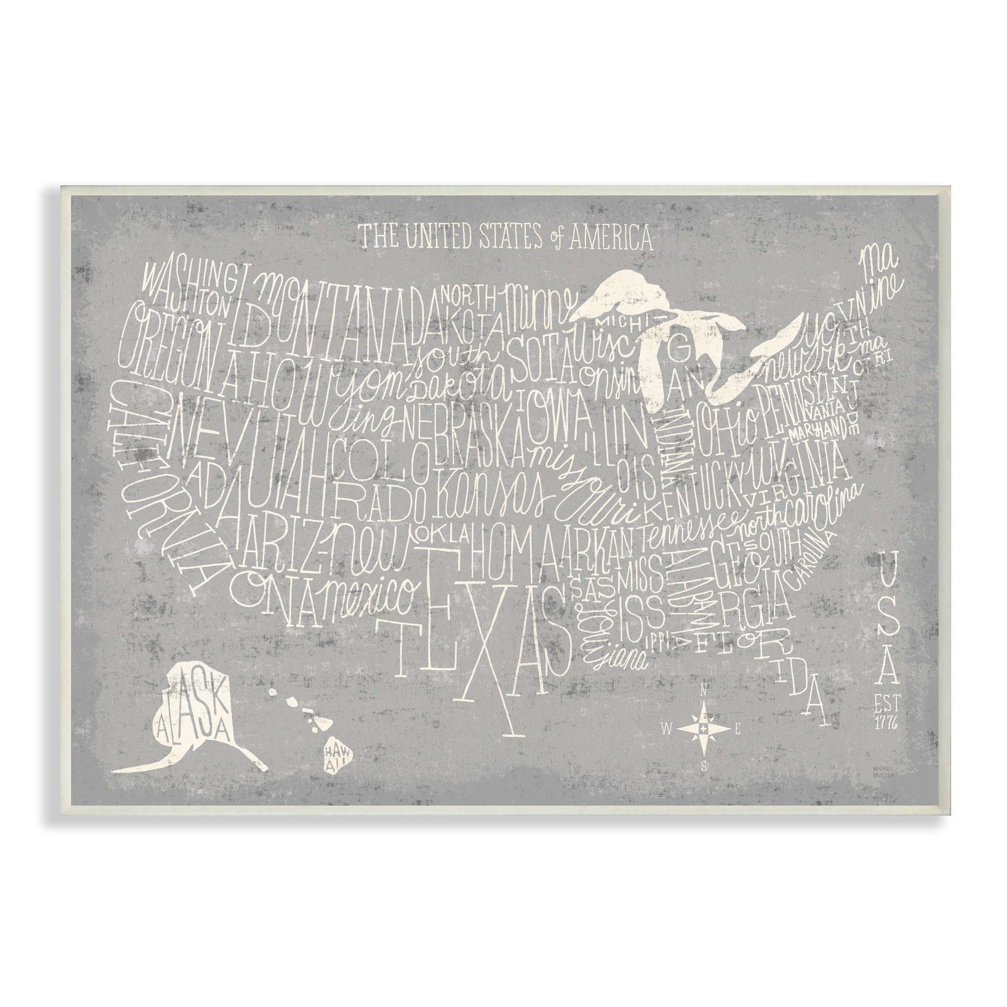 Stupell Industries Grey Distressed US Map Playful Typography Wall Plaque by Michael Mullan