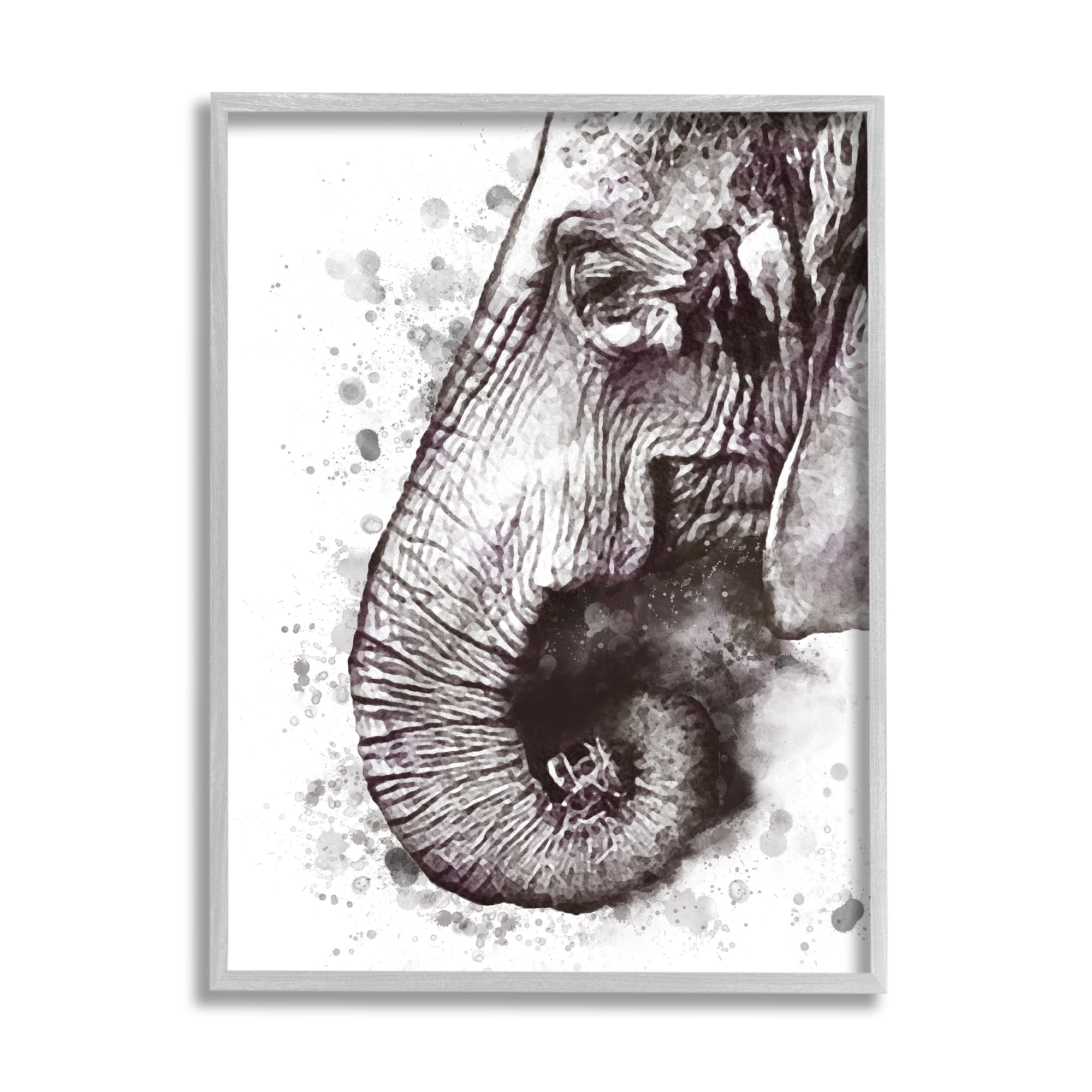 Stupell Industries Grey Elephant Curled Trunk Grey Paint Splatter Global Painting Gray Framed Art Print Wall Art, 11 x 14, Design by Ros Ruseva