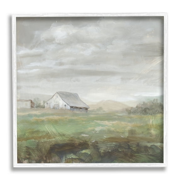 Stupell Industries Grey Farm Landscape Nature Painting White Framed Art Print Wall Art, 17 x 17