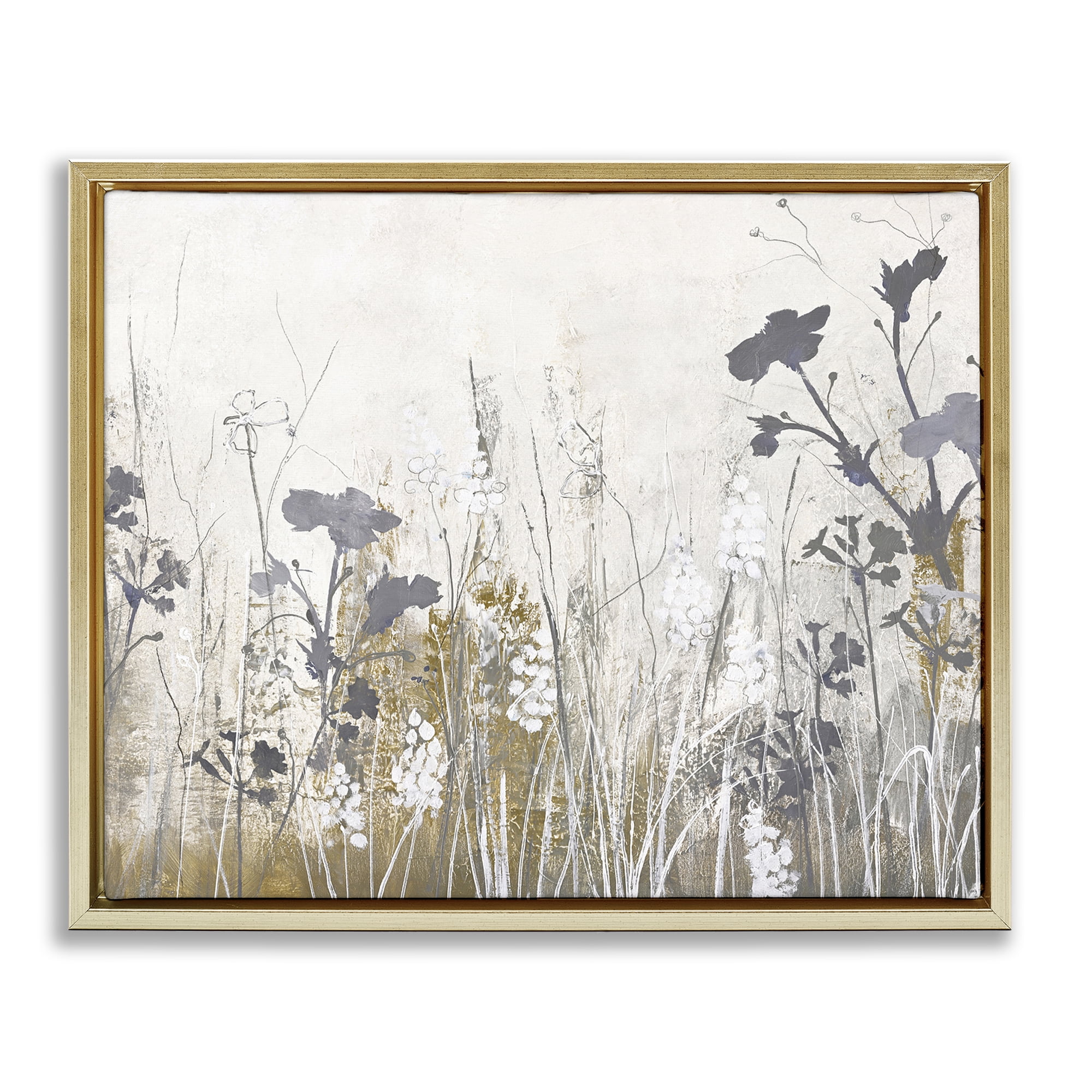 Stupell Industries Grey Flower Silhouettes Plants & Flowers Painting Gold Floater Framed Canvas Art Print Wall Art, 21 x 17