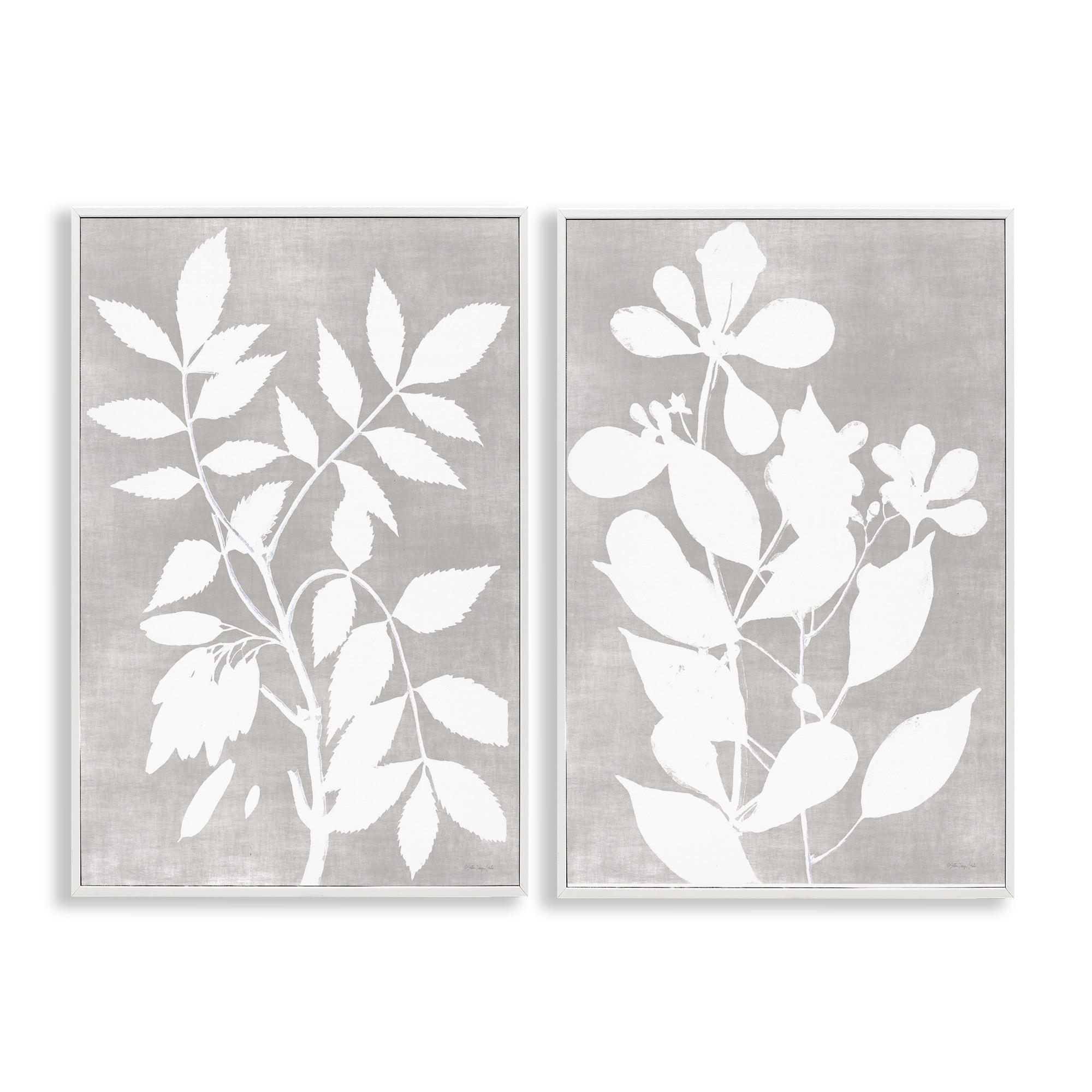 Stupell Industries Grey Foliage Impression 2 Piece White Framed Giclee Art Set, design by Stellar Design Studio