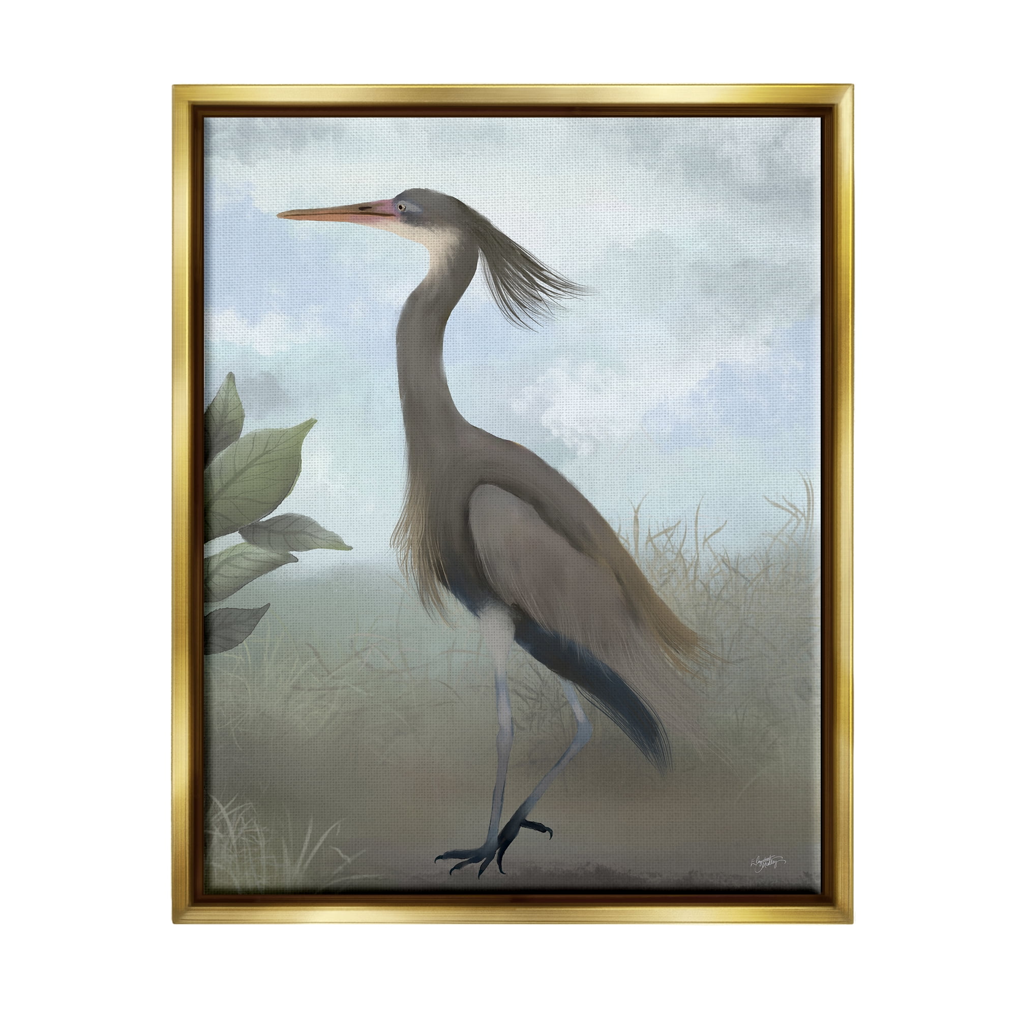 Stupell Industries Grey Heron Painting Animals & Insects Painting Gold Floater Framed Canvas Art Print Wall Art, 17 x 21