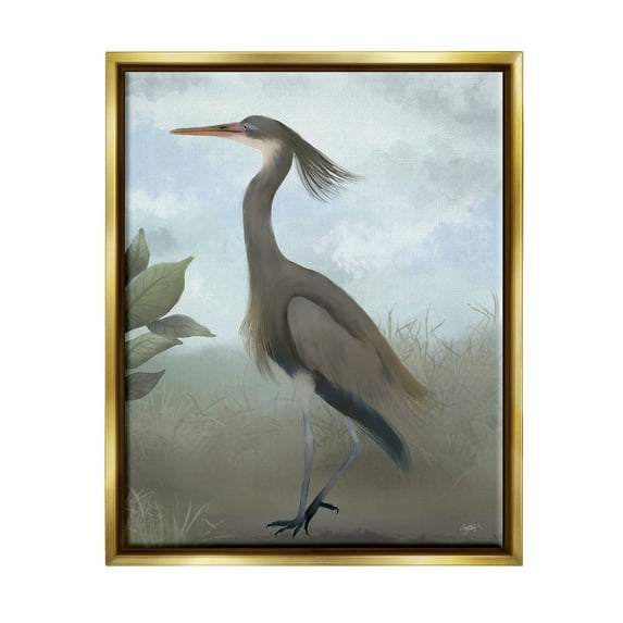 Stupell Industries Grey Heron Painting Animals & Insects Painting Gold Floater Framed Canvas Art Print Wall Art, 17 x 21