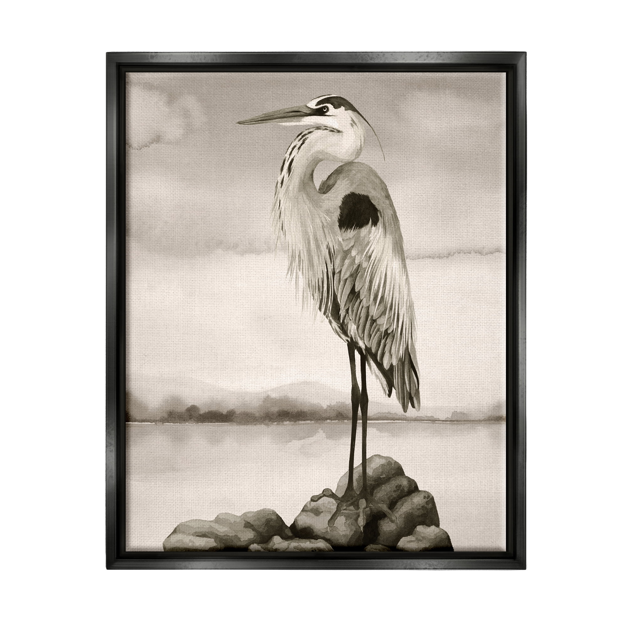 Stupell Industries Grey Heron Perched Animals & Insects Painting Black Floater Framed Canvas Art Print Wall Art, 17 x 21