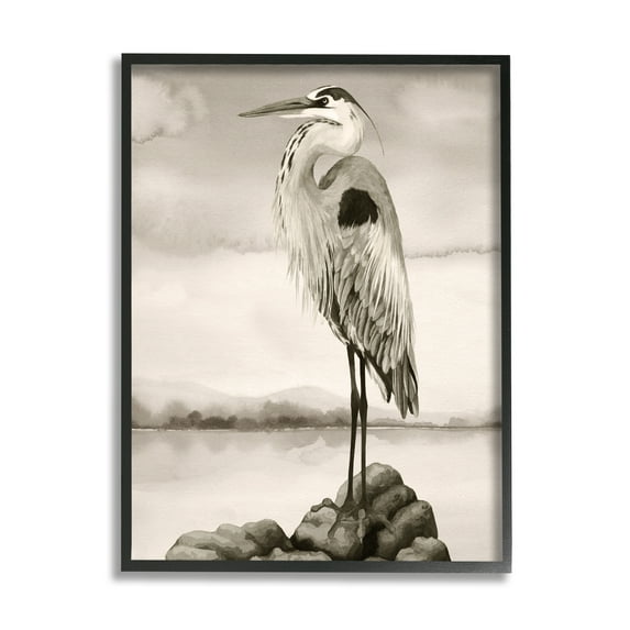 Stupell Industries Grey Heron Perched Animals & Insects Painting Black Framed Art Print Wall Art, 11 x 14