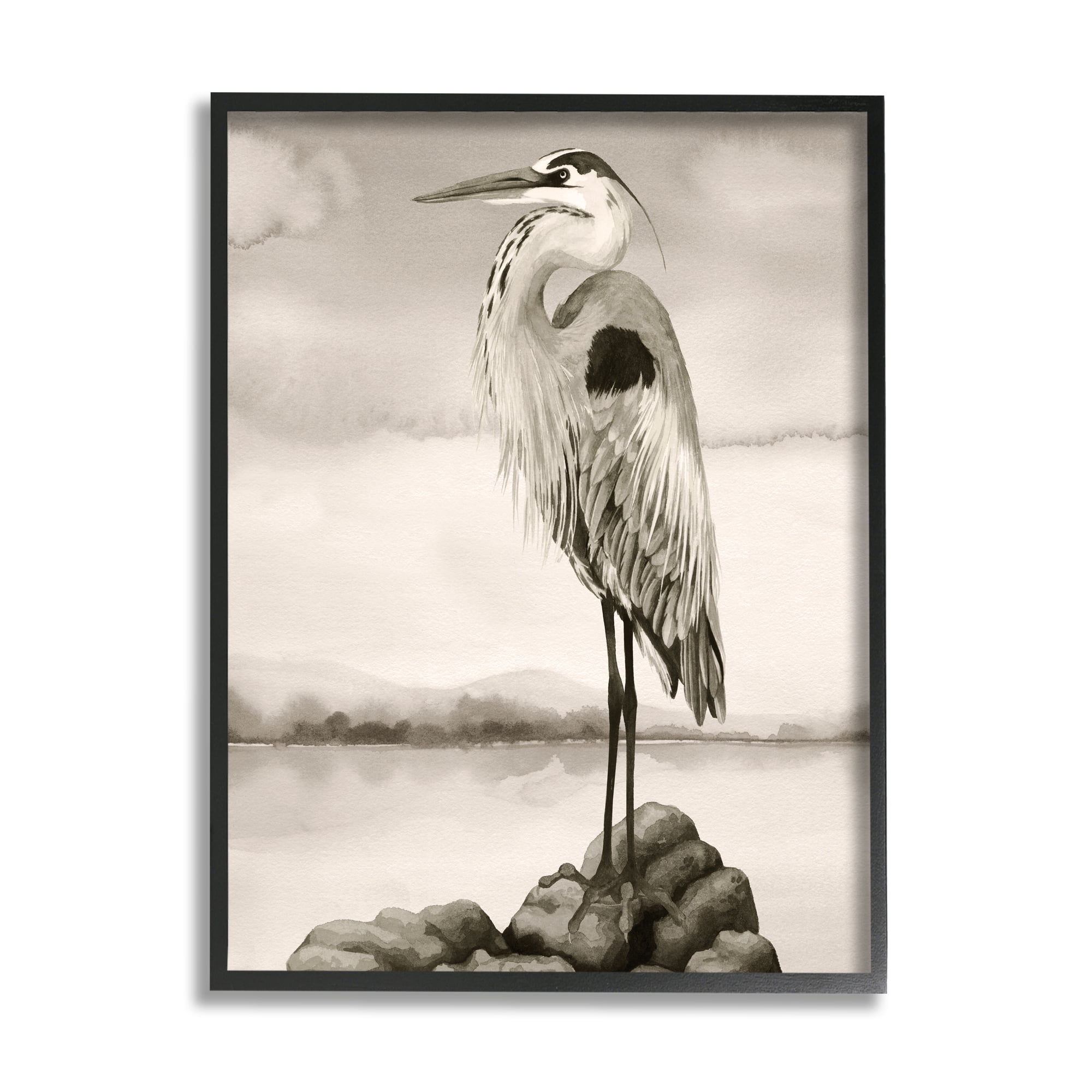 Stupell Industries Grey Heron Perched Animals & Insects Painting Black Framed Art Print Wall Art, 16 x 20