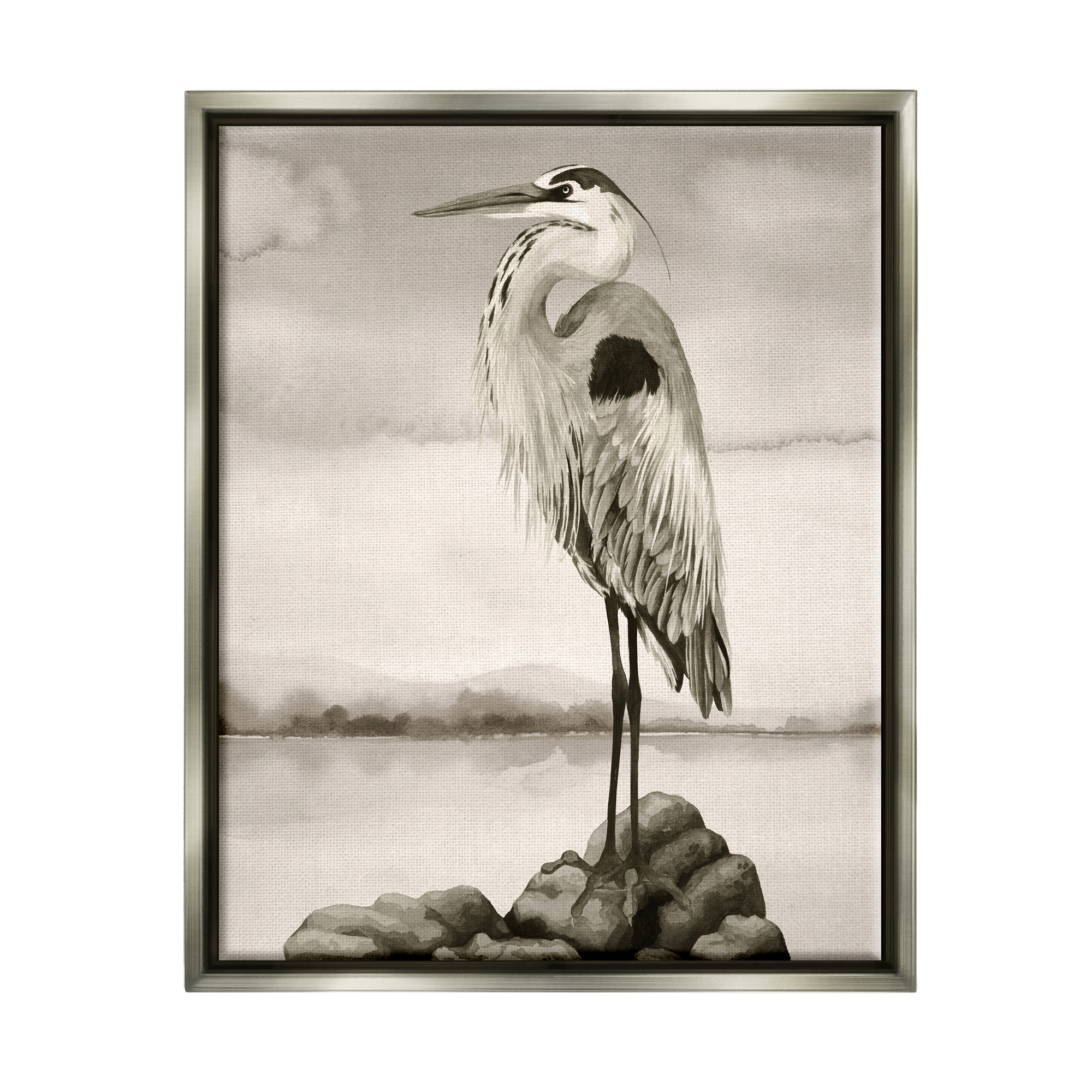 Stupell Industries Grey Heron Perched Animals & Insects Painting Gray Floater Framed Canvas Art Print Wall Art, 17 x 21
