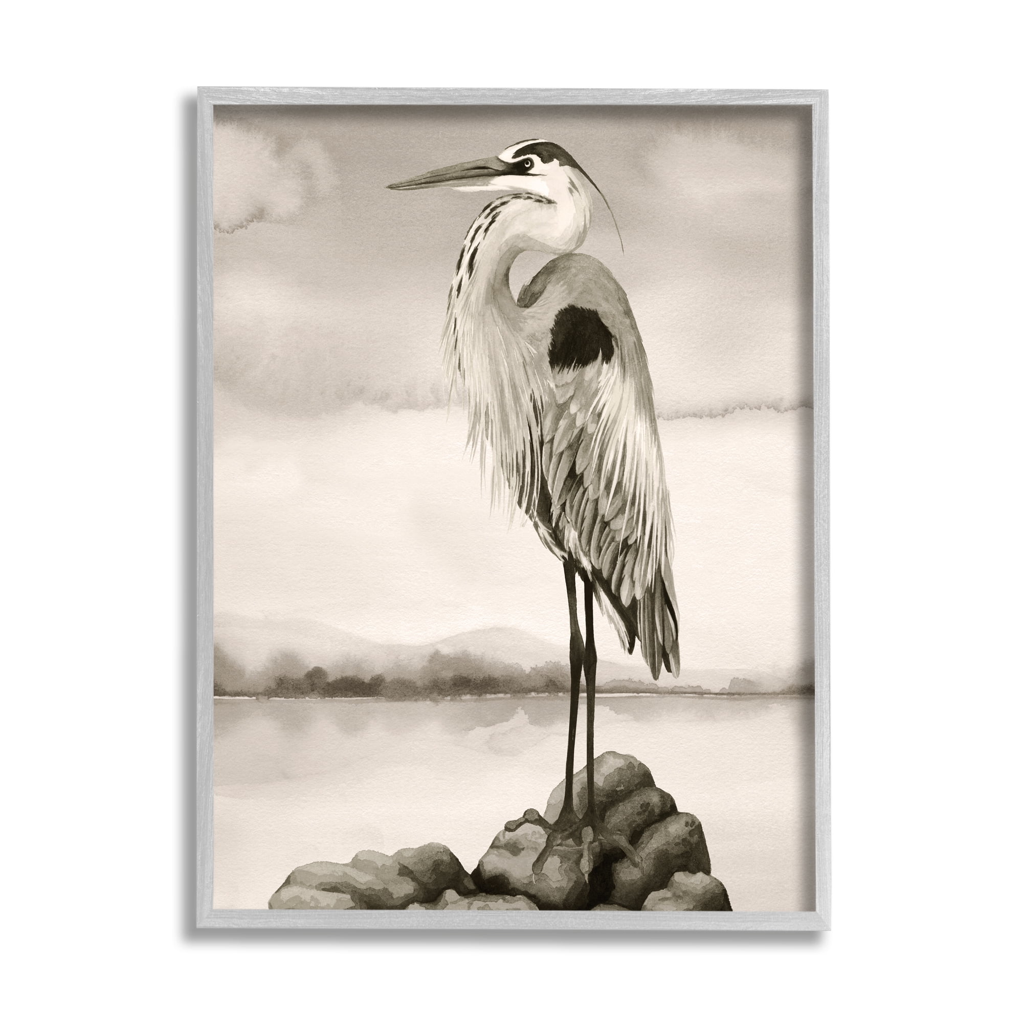 Stupell Industries Grey Heron Perched Animals & Insects Painting Gray Framed Art Print Wall Art, 24 x 30