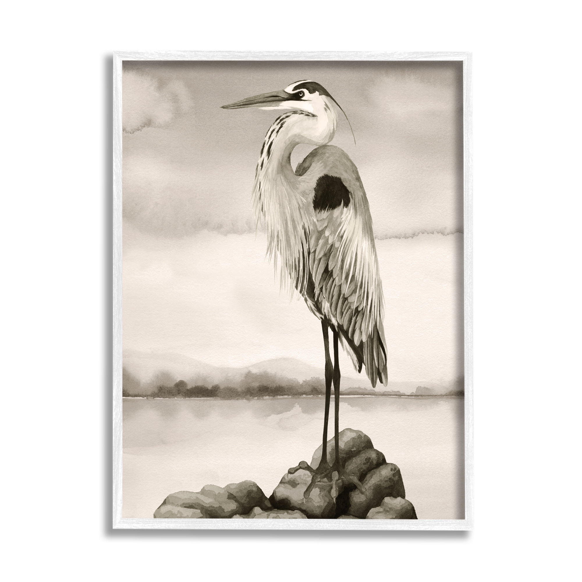 Stupell Industries Grey Heron Perched Animals & Insects Painting White Framed Art Print Wall Art, 16 x 20