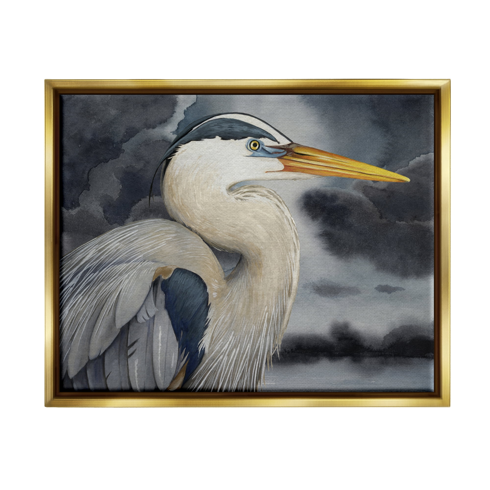 Stupell Industries Grey Heron Portrait Animals & Insects Painting Gold Floater Framed Canvas Art Print Wall Art, 21 x 17