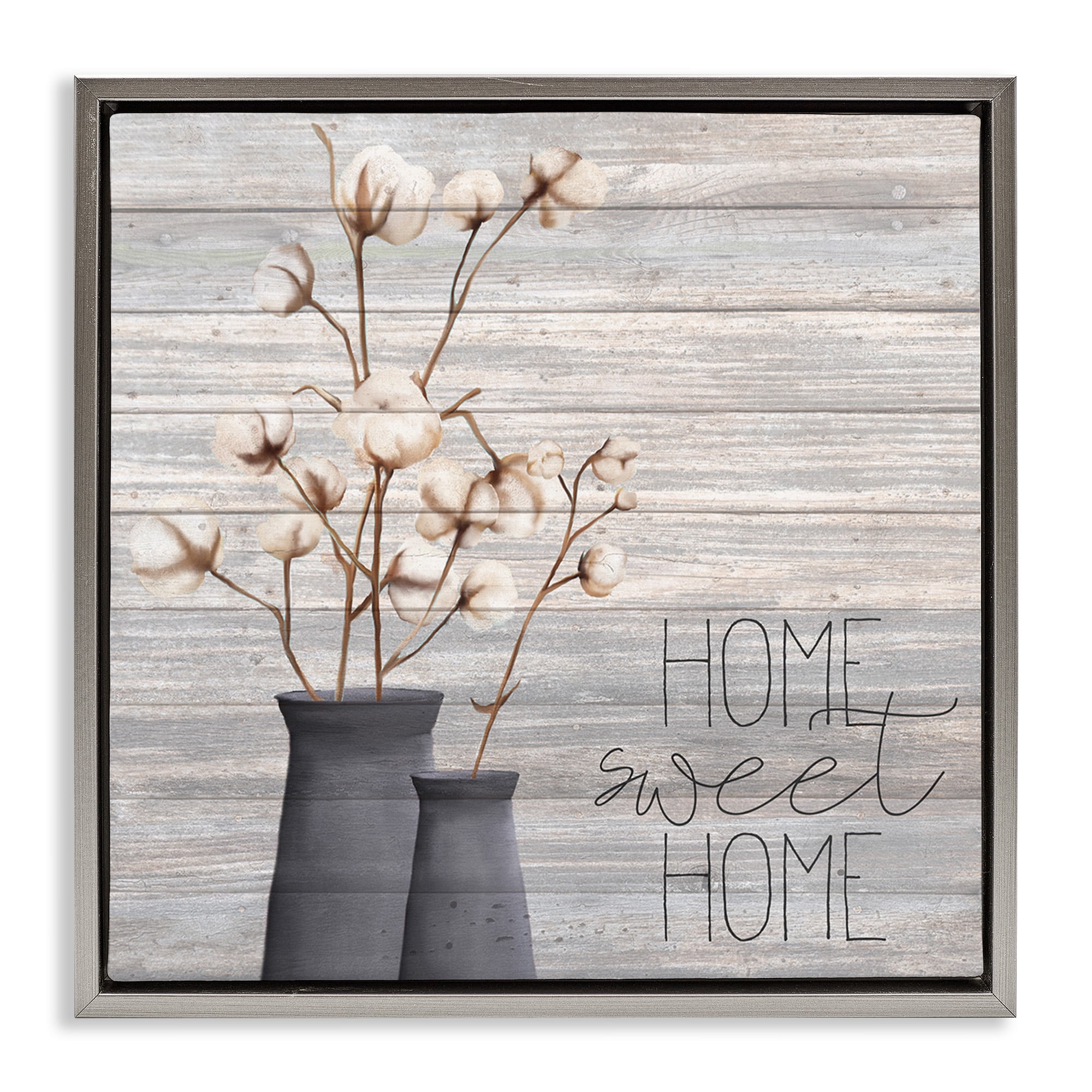 Stupell Industries Grey Home Sweet Cotton Flowers Botanical & Floral Painting Gray Floater Framed Canvas Art Print Wall Art, 25 x 25