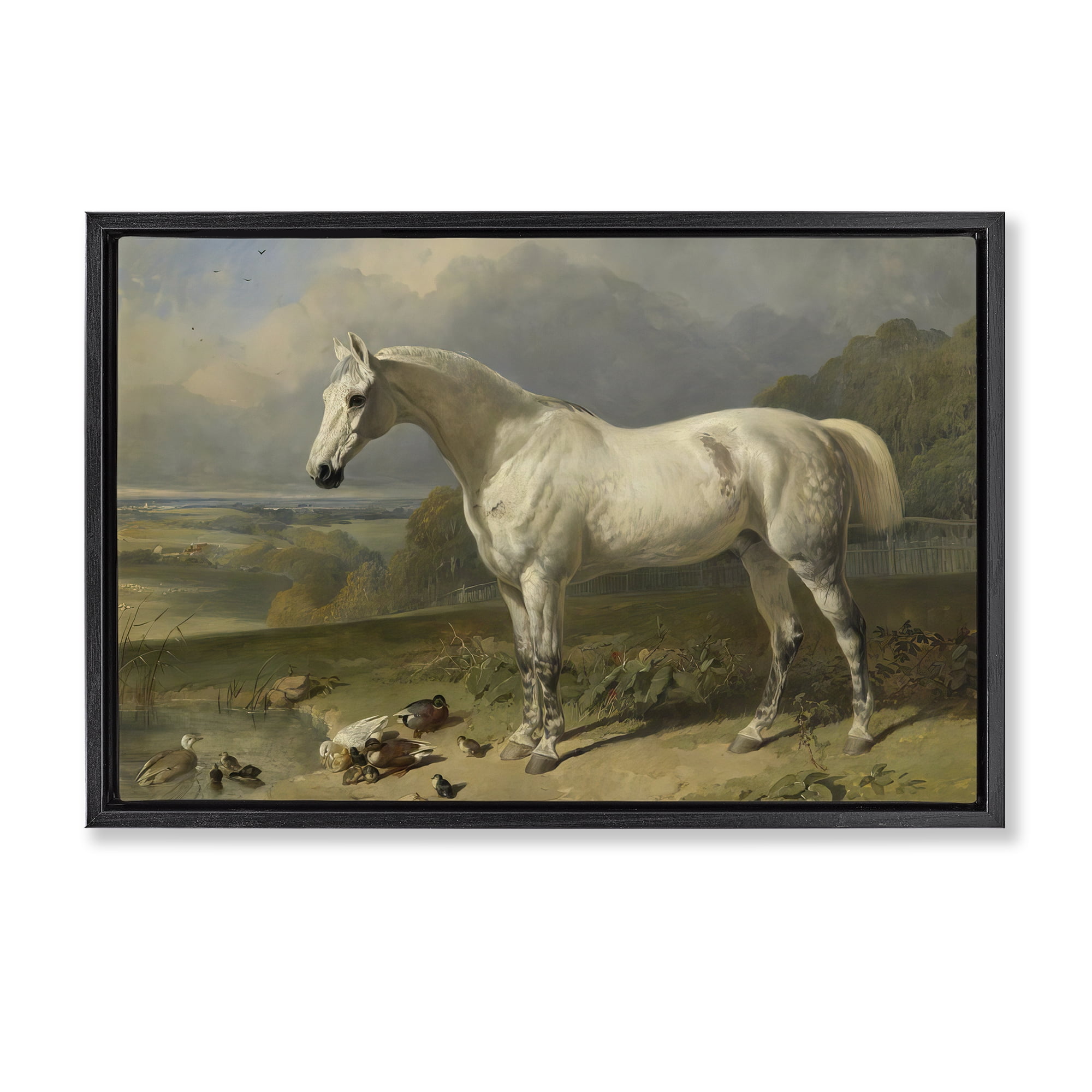 Stupell Industries Grey Horse And Ducks In Landscape Black Framed Floater Canvas Wall Art, design by Tina LeCour