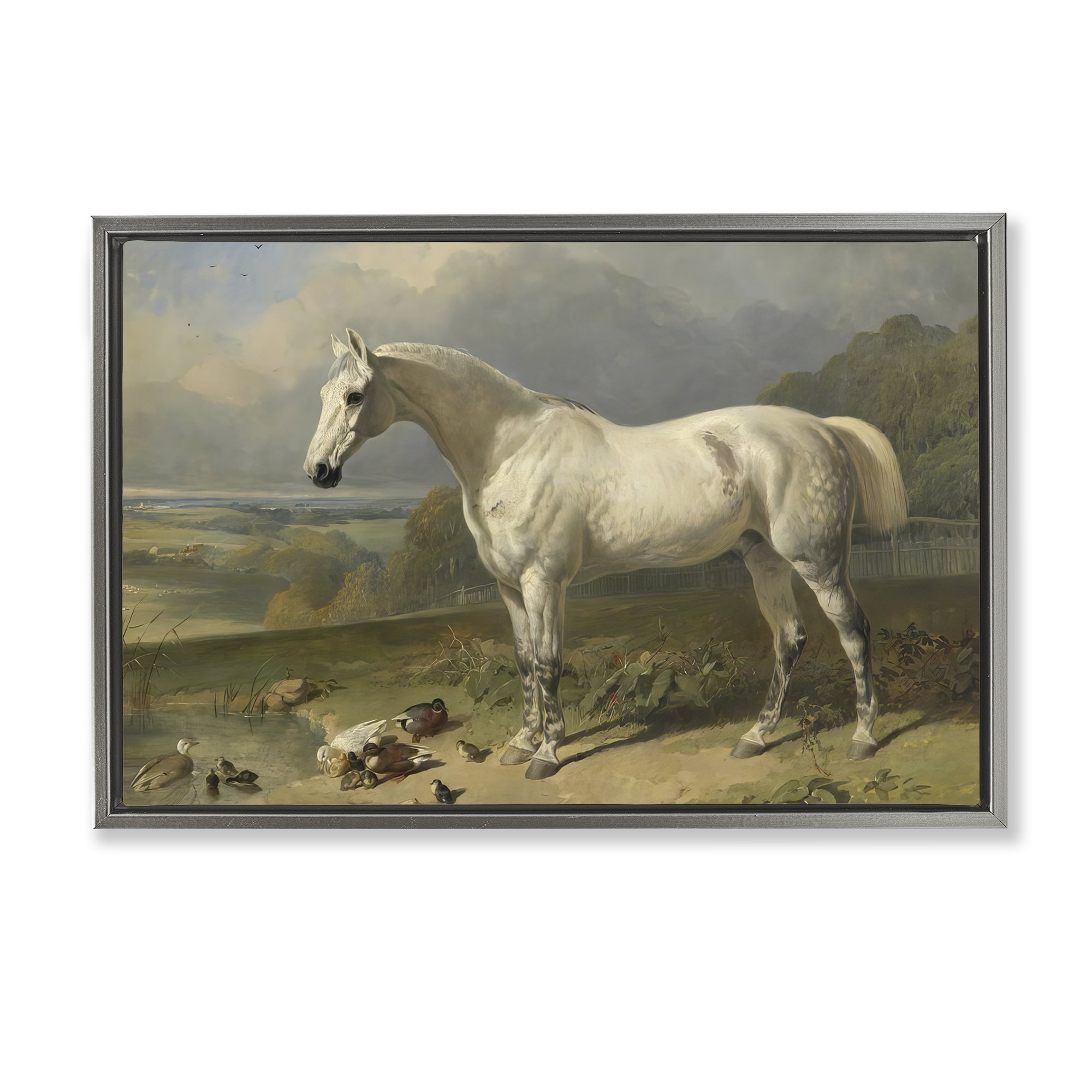 Stupell Industries Grey Horse And Ducks In Landscape Gray Framed Floater Canvas Wall Art, design by Tina LeCour