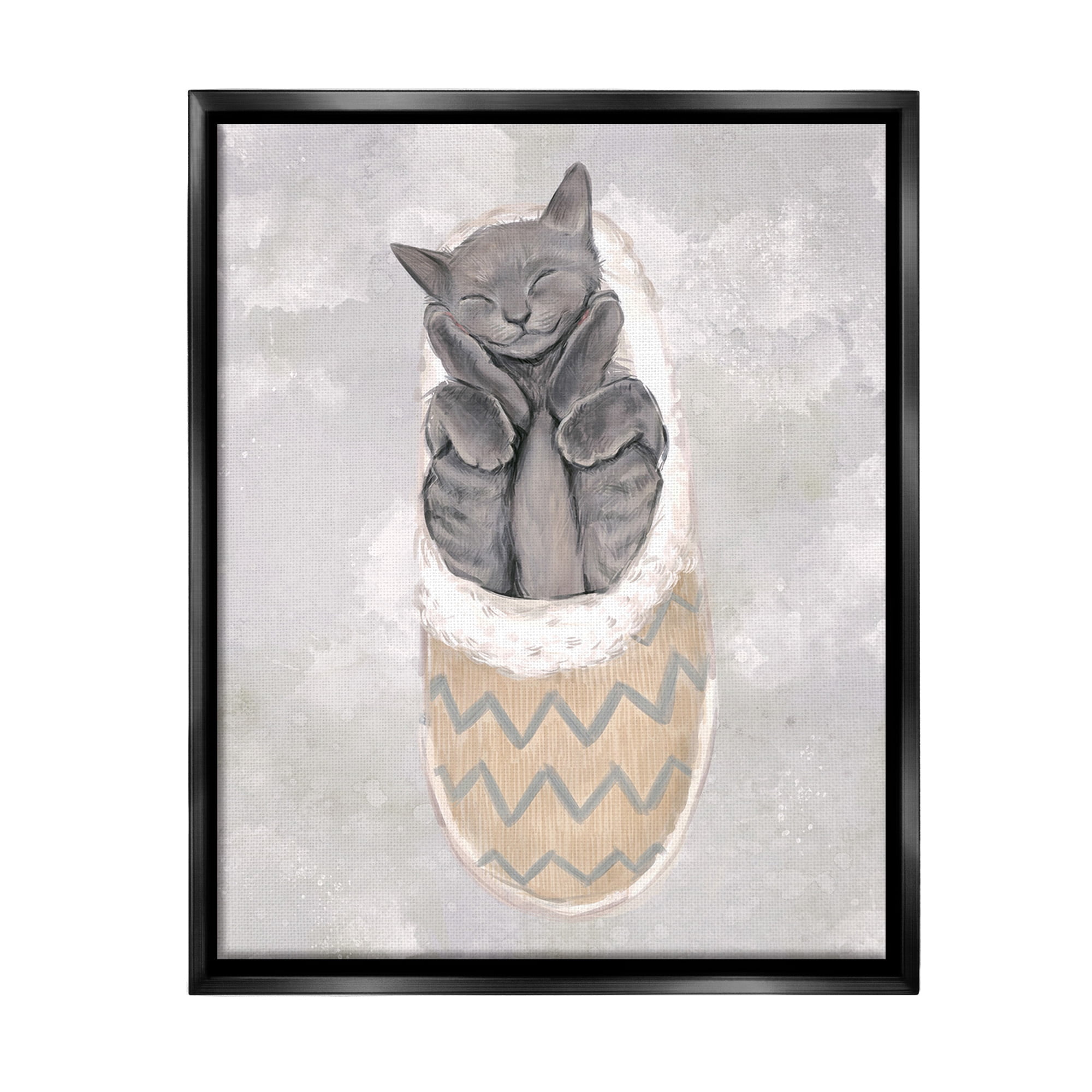 Stupell Industries Grey Kitten Sleeping Animals & Insects Painting Black Floater Framed Canvas Art Print Wall Art, 17 x 21