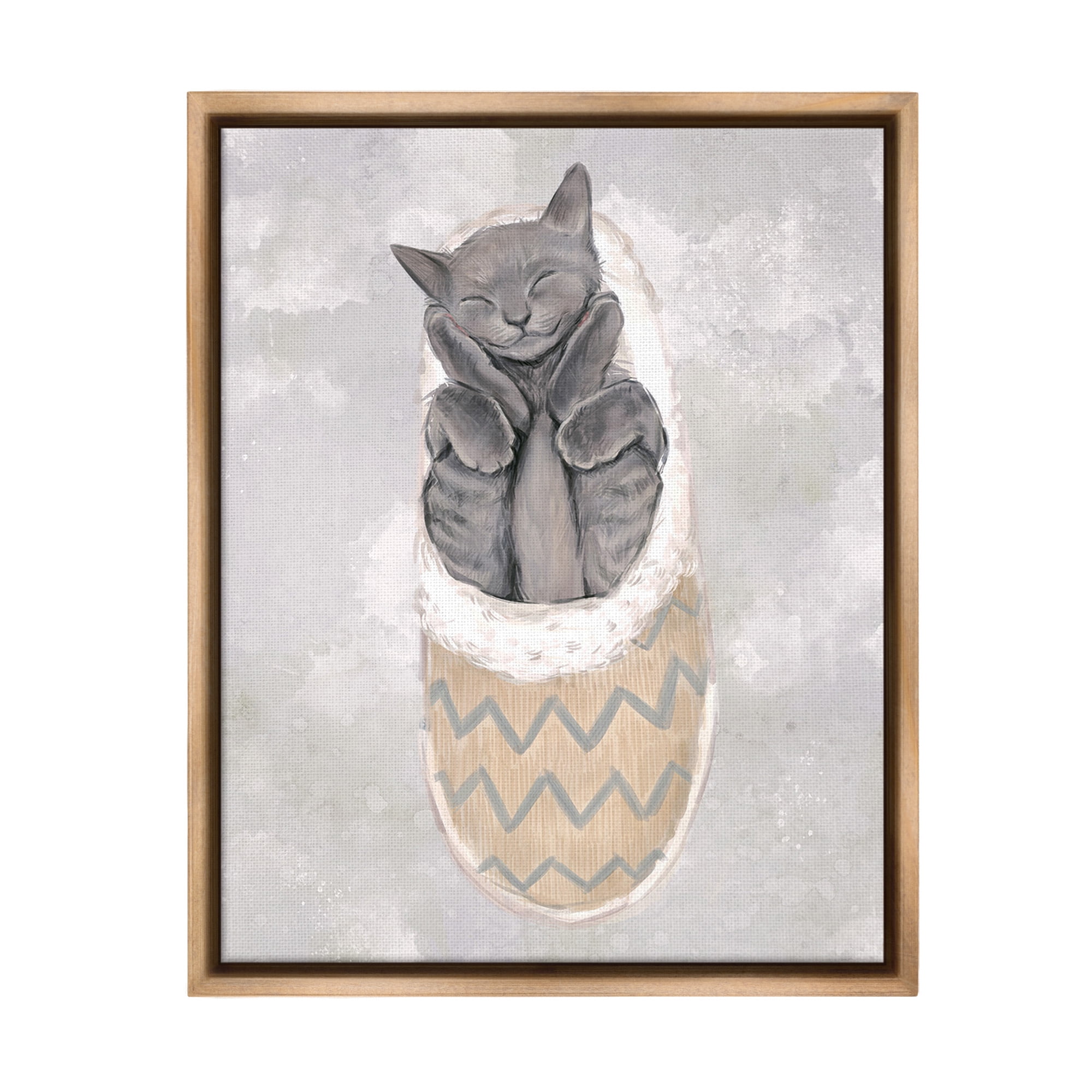 Stupell Industries Grey Kitten Sleeping Animals & Insects Painting Brown Floater Framed Canvas Art Print Wall Art, 17 x 21