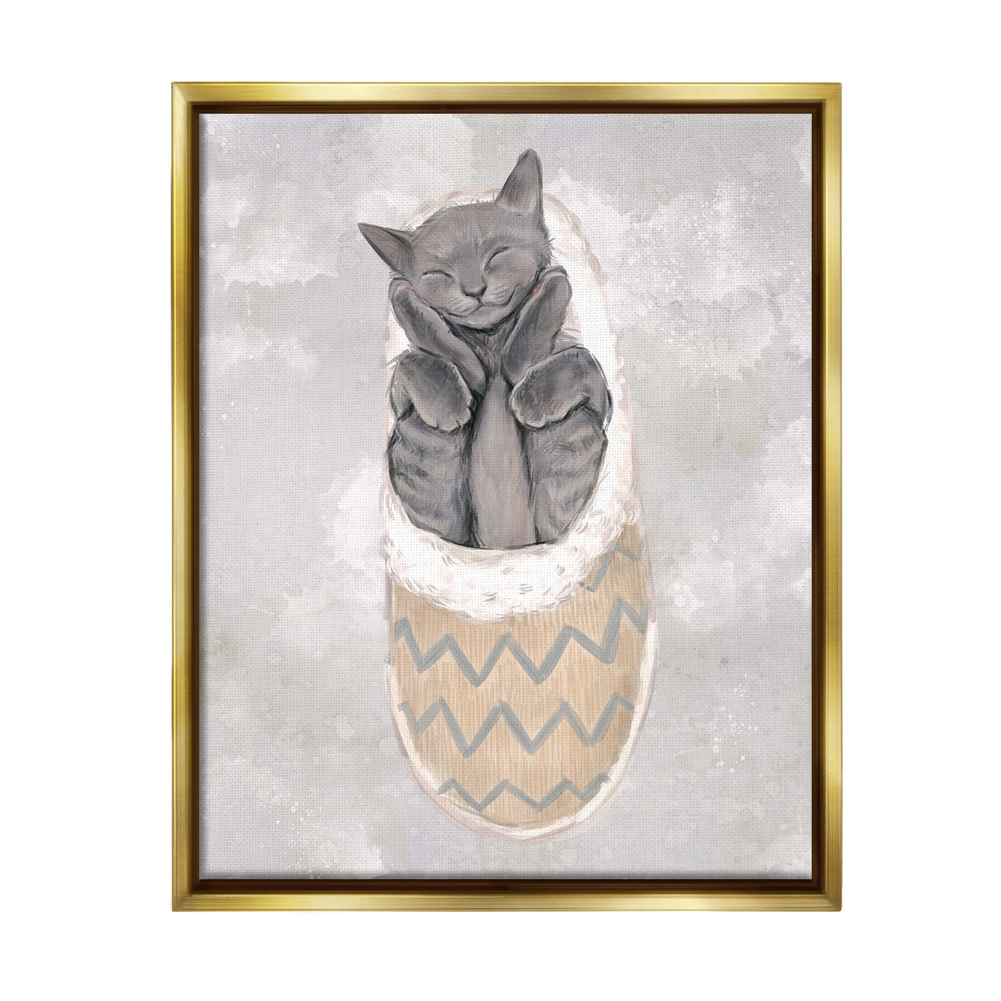 Stupell Industries Grey Kitten Sleeping Animals & Insects Painting Gold Floater Framed Canvas Art Print Wall Art, 17 x 21