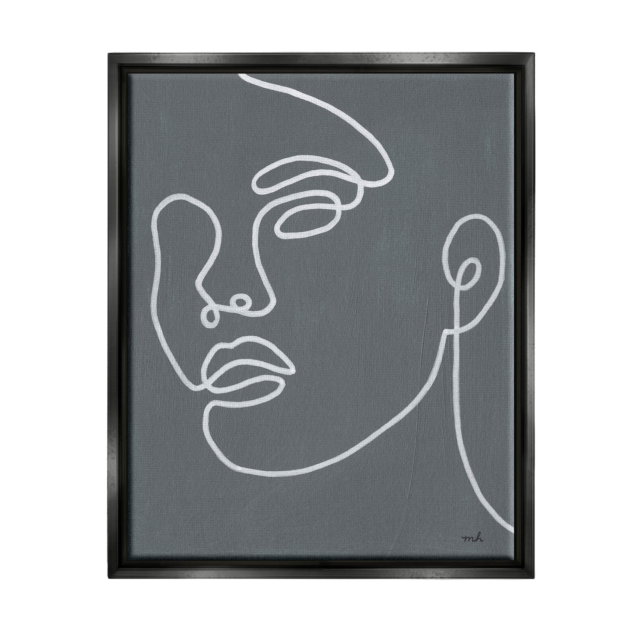 Stupell Industries Grey Minimal Doodle Face Girl Graphic Art Jet Black Floating Framed Canvas Print Wall Art, Design by Moira Hershey