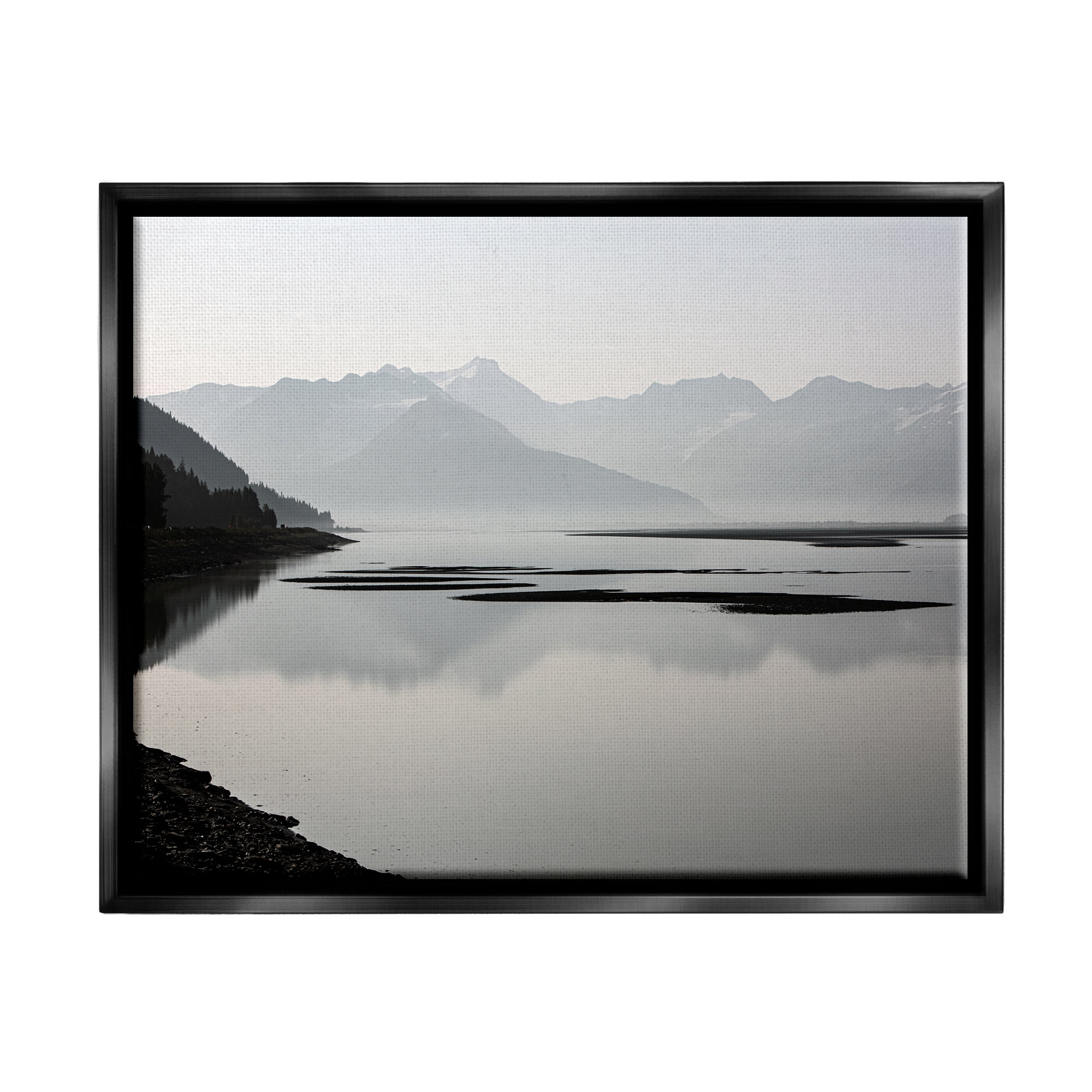 Stupell Industries Grey Mountain Peaks Lake Reflection Coastal Photography Black Floater Framed Art Print Wall Art