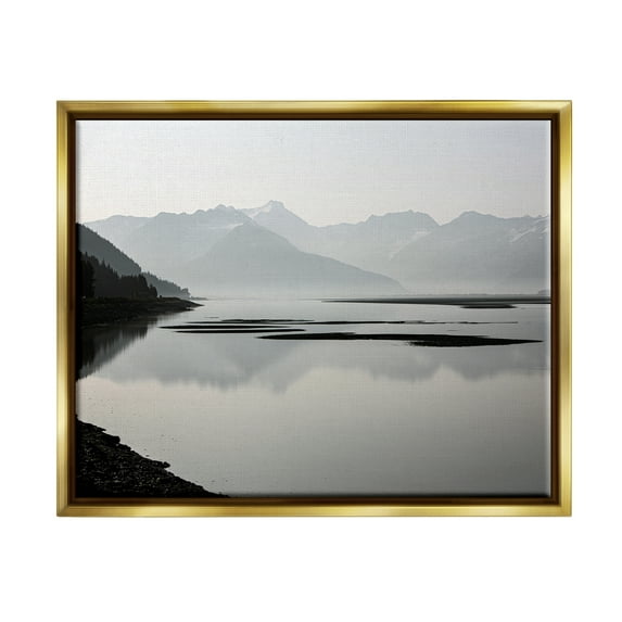 Stupell Industries Grey Mountain Peaks Lake Reflection Coastal Photography Gold Floater Framed Art Print Wall Art