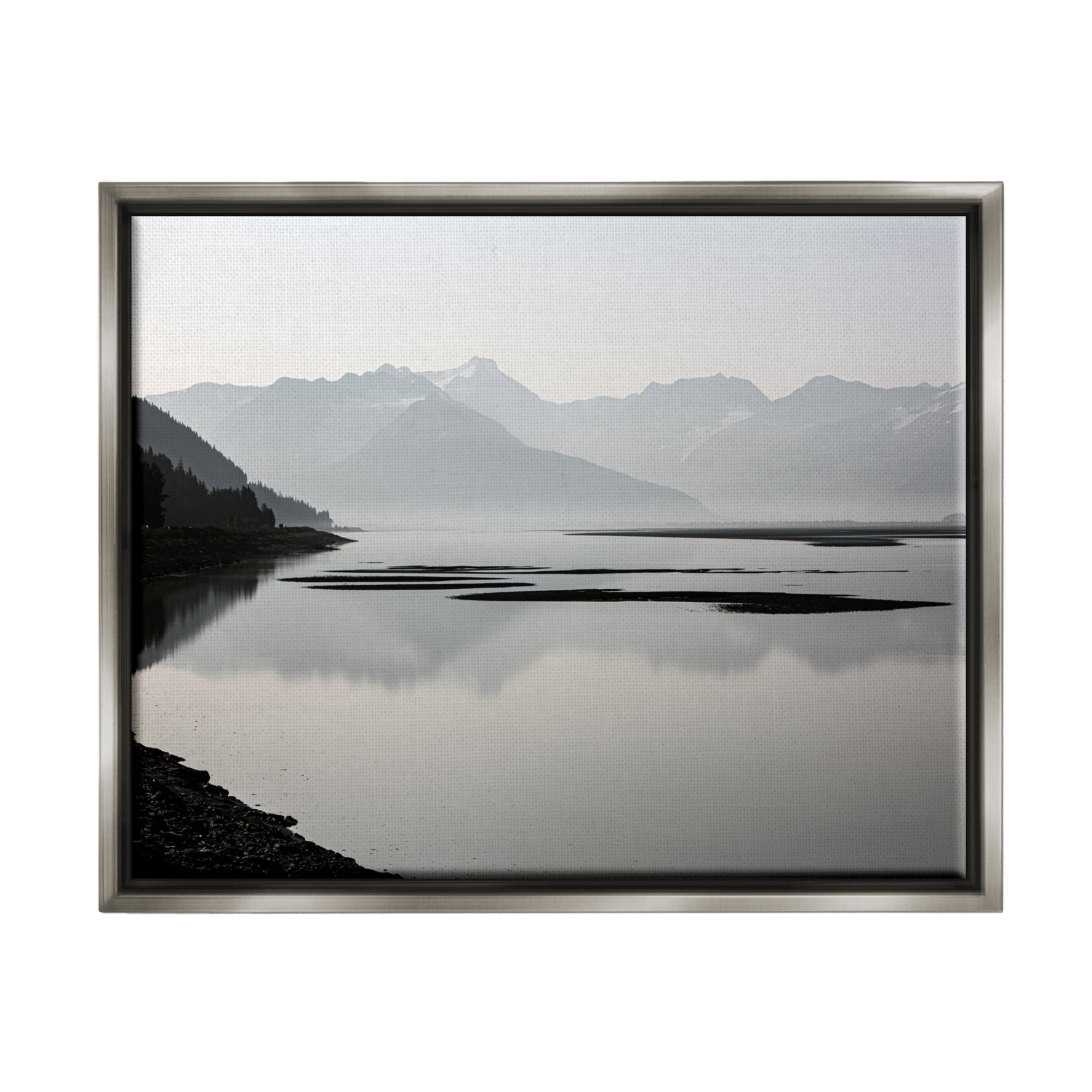 Stupell Industries Grey Mountain Peaks Lake Reflection Coastal Photography Gray Floater Framed Art Print Wall Art