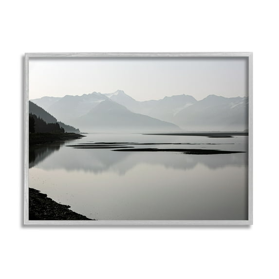 Stupell Industries Grey Mountain Peaks Lake Reflection Coastal Photography Gray Framed Art Print Wall Art