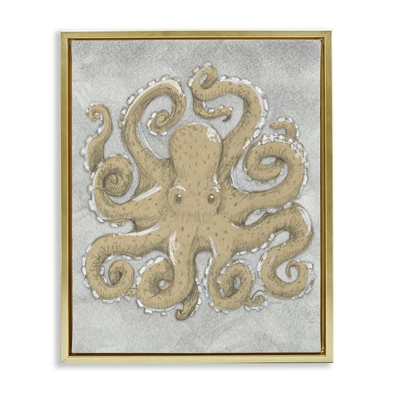 Stupell Industries Grey Octopus Drawing Gold Framed Floater Canvas Wall Art design by Patti Bishop, 21 x 17