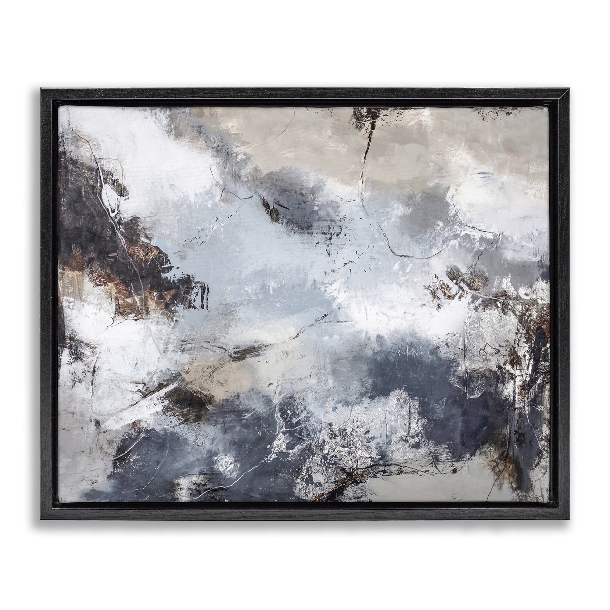 Stupell Industries Grey Organic Abstract Abstract Painting Black Floater Framed Canvas Art Print Wall Art, 31 x 25