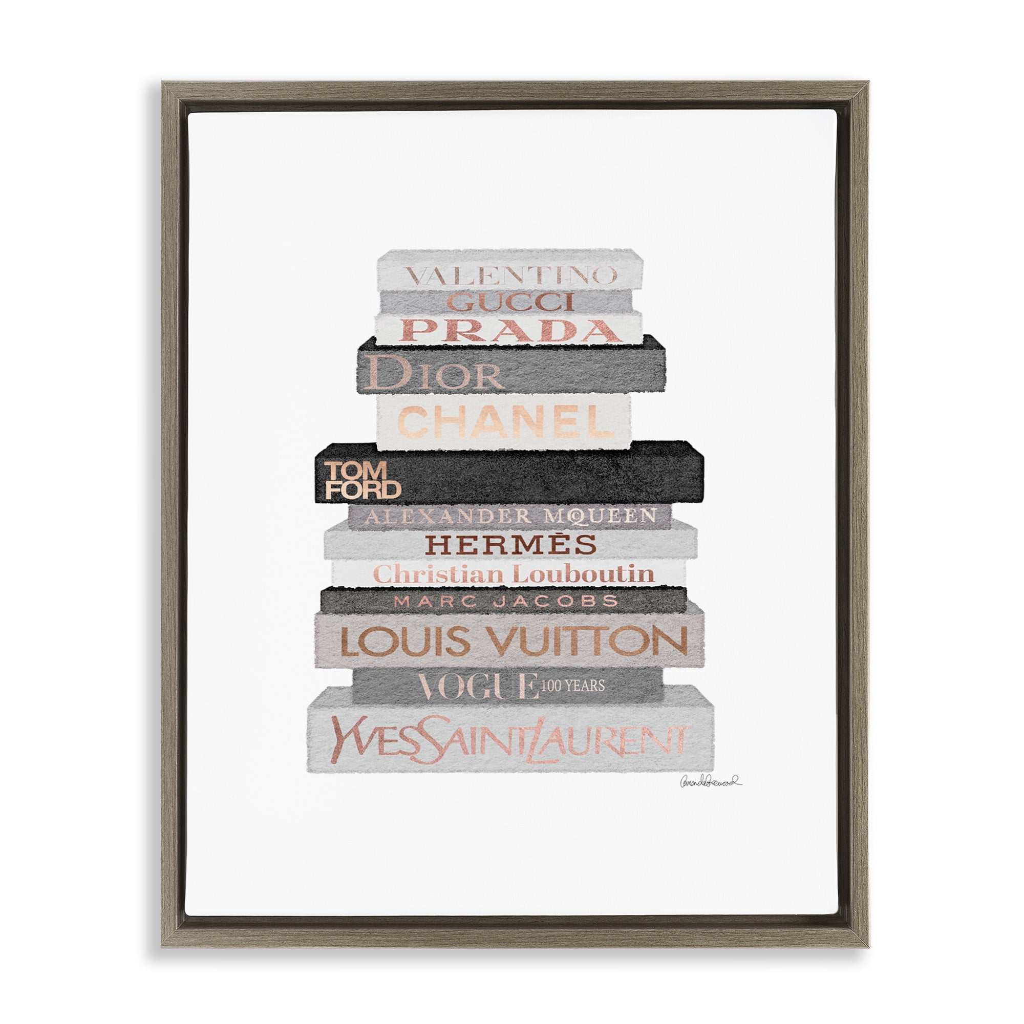 Stupell Industries Grey & Peach Bookstack Beauty & Fashion Painting Brown Floater Framed Canvas Art Print Wall Art, 17 x 21