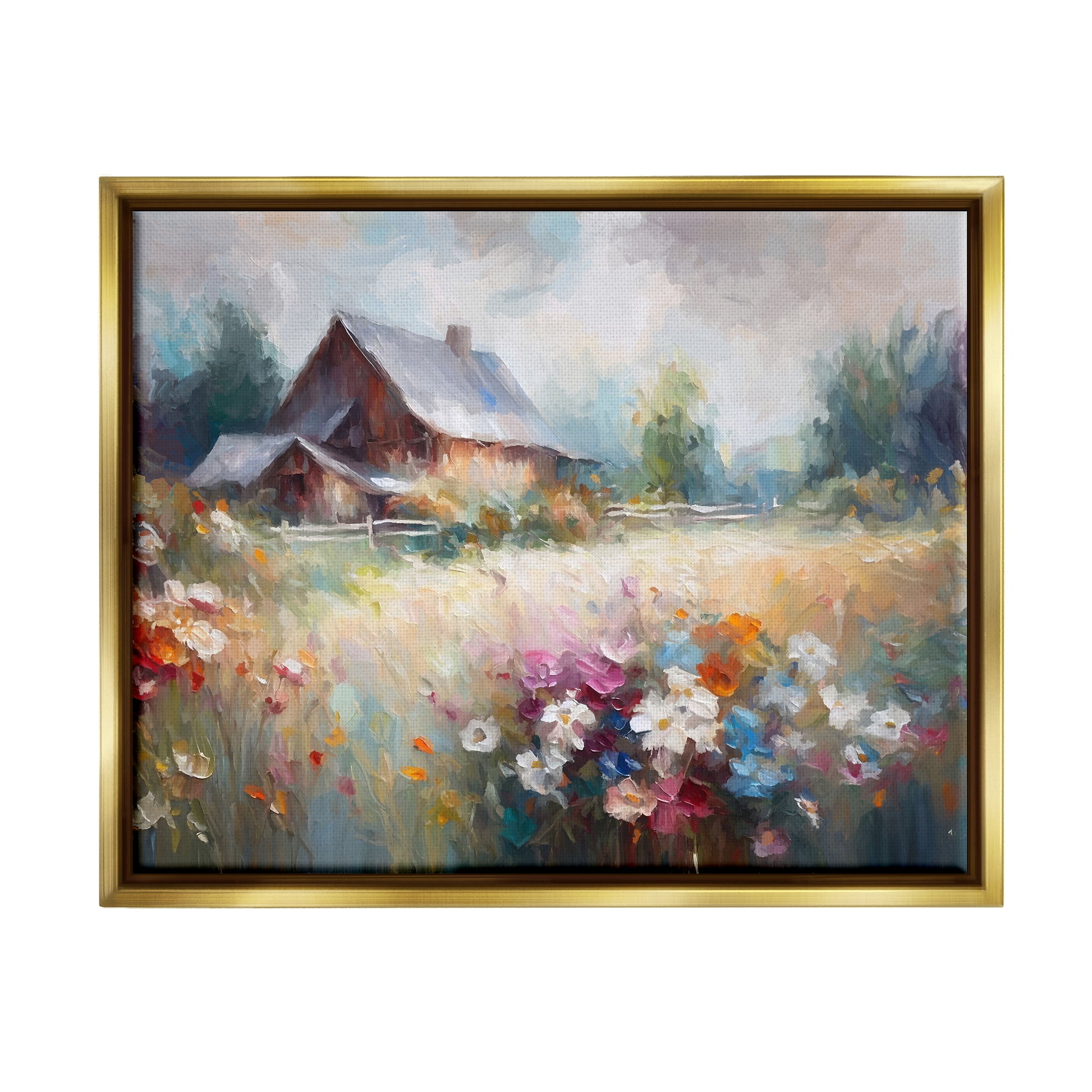 Stupell Industries Grey Rustic Countryside Landscape Painting Gold Floater Framed Canvas Art Print Wall Art, 21 x 17