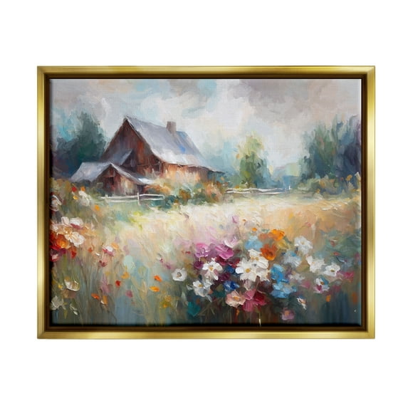 Stupell Industries Grey Rustic Countryside Landscape Painting Gold Floater Framed Canvas Art Print Wall Art, 31 x 25