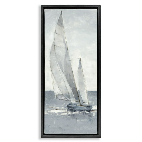 Stupell Industries Grey Sailboat Nautical Abstraction Nature Painting Black Floater Framed Canvas Art Print Wall Art, 11 x 25