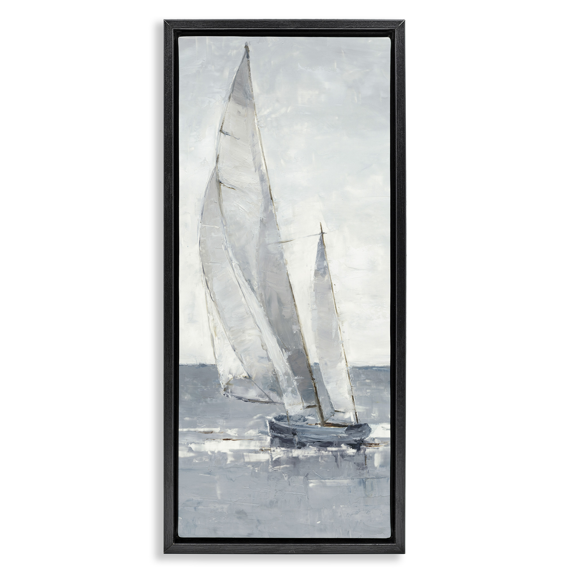 Stupell Industries Grey Sailboat Nautical Abstraction Nature Painting Black Floater Framed Canvas Art Print Wall Art, 15 x 31