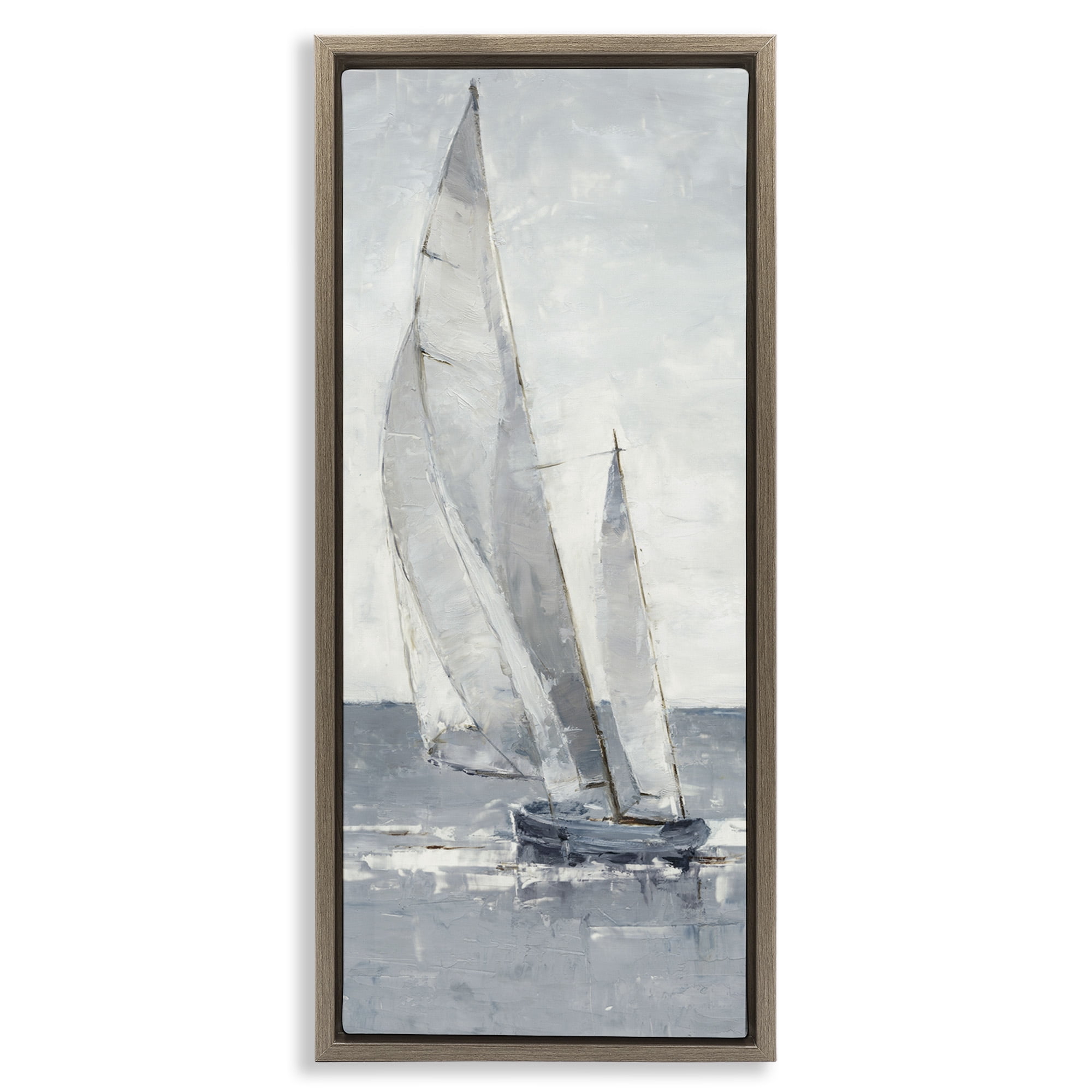 Stupell Industries Grey Sailboat Nautical Abstraction Nature Painting Brown Floater Framed Canvas Art Print Wall Art, 11 x 25