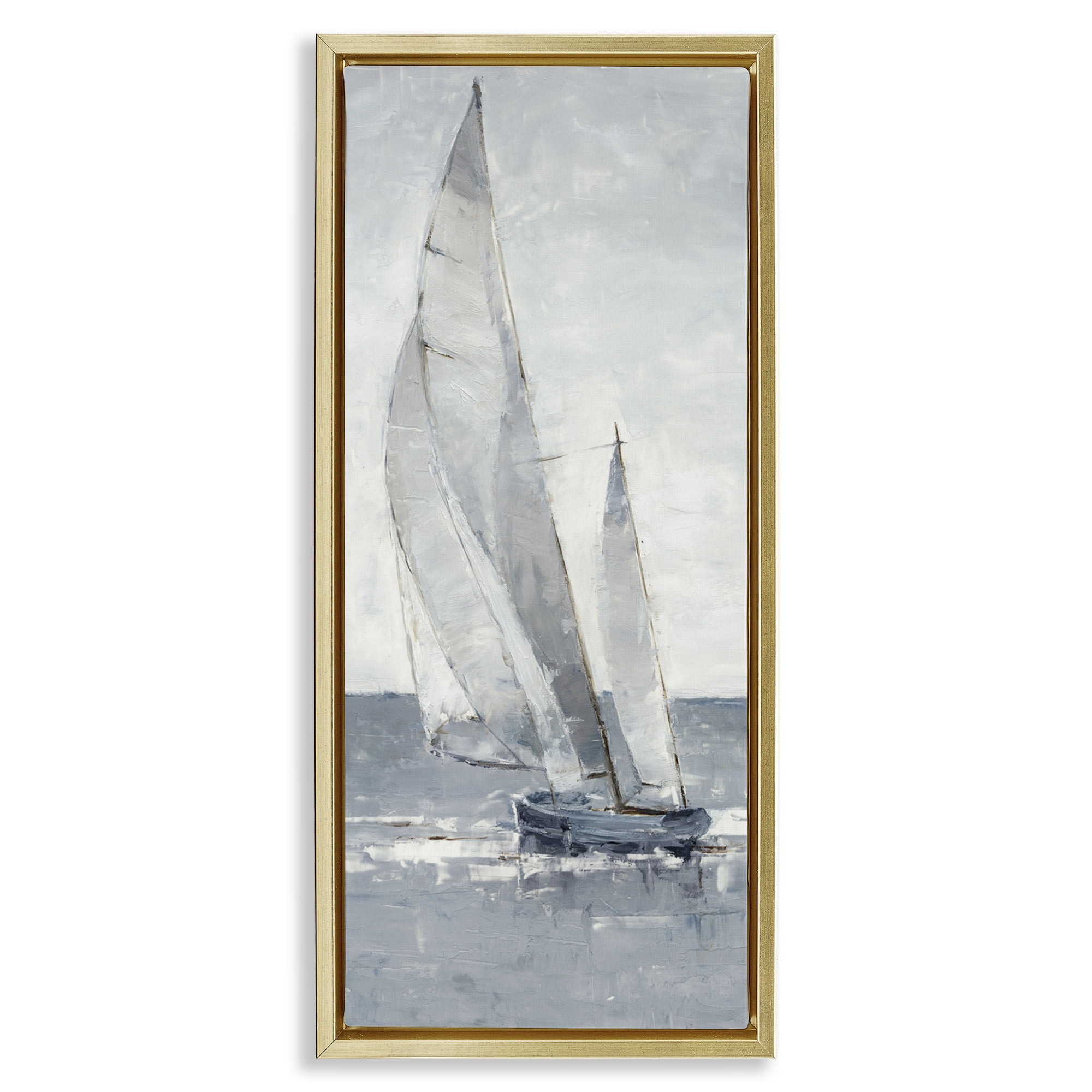 Stupell Industries Grey Sailboat Nautical Abstraction Nature Painting Gold Floater Framed Canvas Art Print Wall Art, 15 x 31