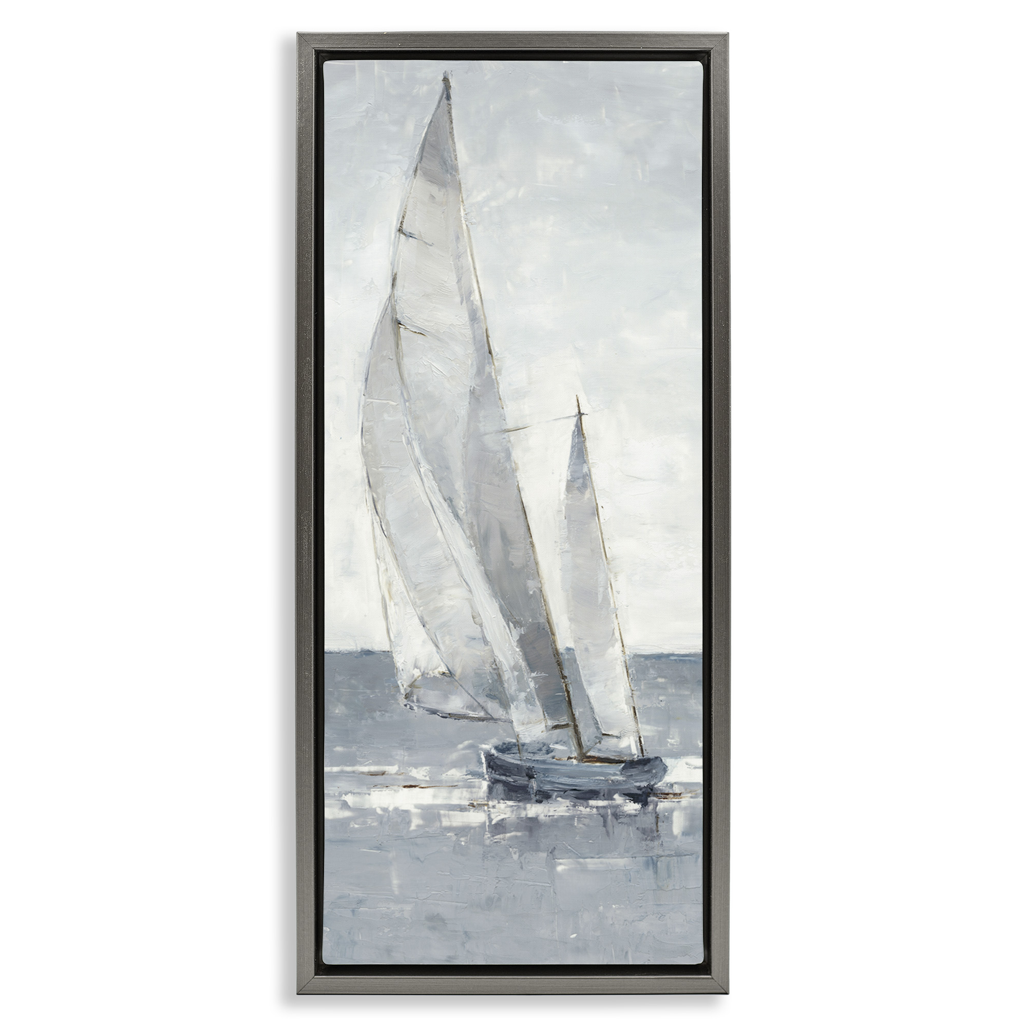 Stupell Industries Grey Sailboat Nautical Abstraction Nature Painting Gray Floater Framed Canvas Art Print Wall Art, 11 x 25