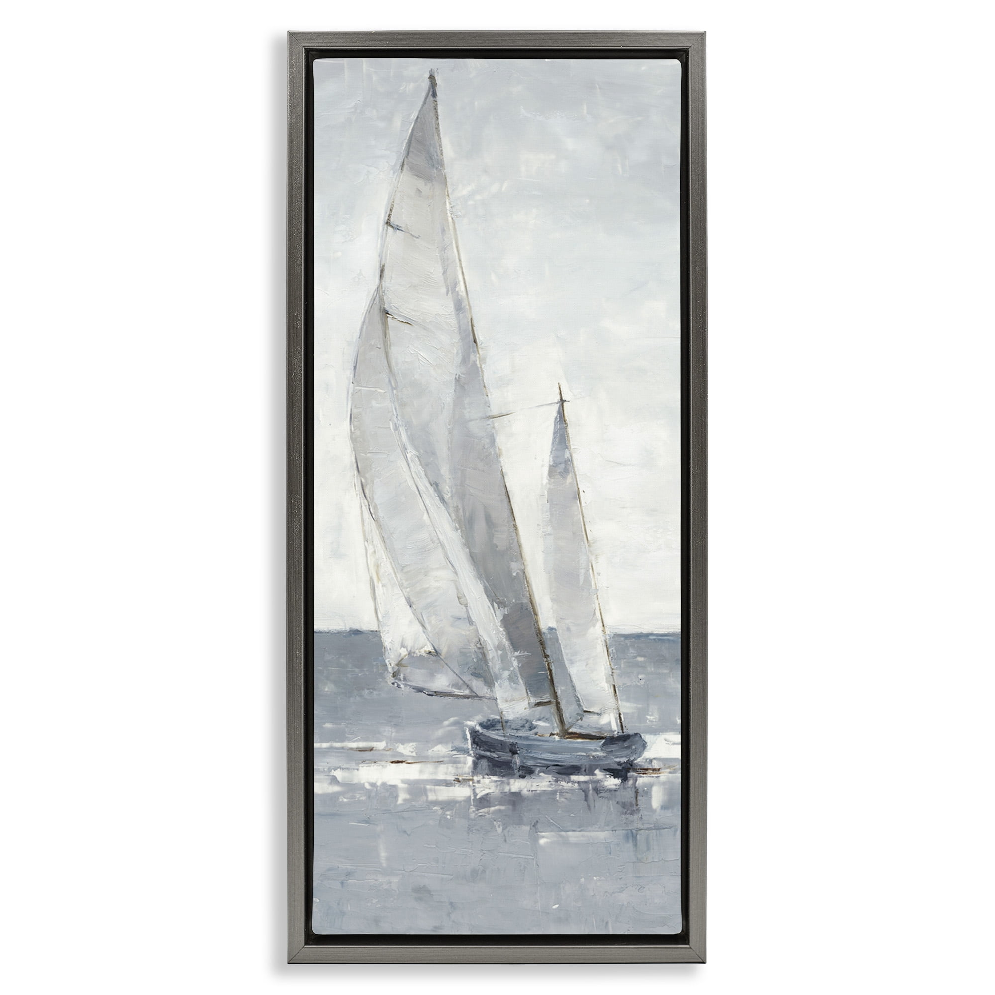 Stupell Industries Grey Sailboat Nautical Abstraction Nature Painting Gray Floater Framed Canvas Art Print Wall Art, 15 x 31