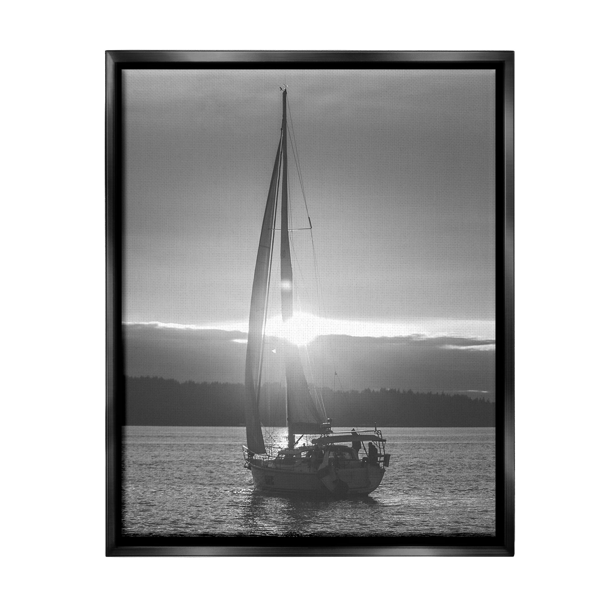Stupell Industries Grey Sailboat Seascape Transportation Photography Black Floater Framed Canvas Art Print Wall Art, 25 x 31
