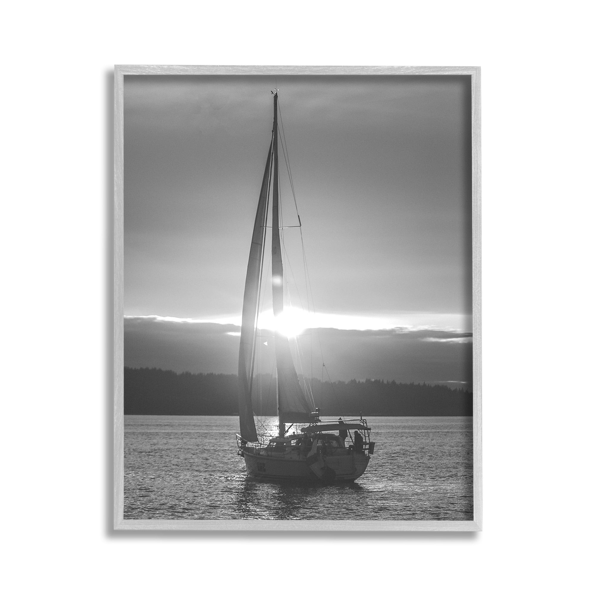 Stupell Industries Grey Sailboat Seascape Transportation Photography Gray Framed Art Print Wall Art, 11 x 14