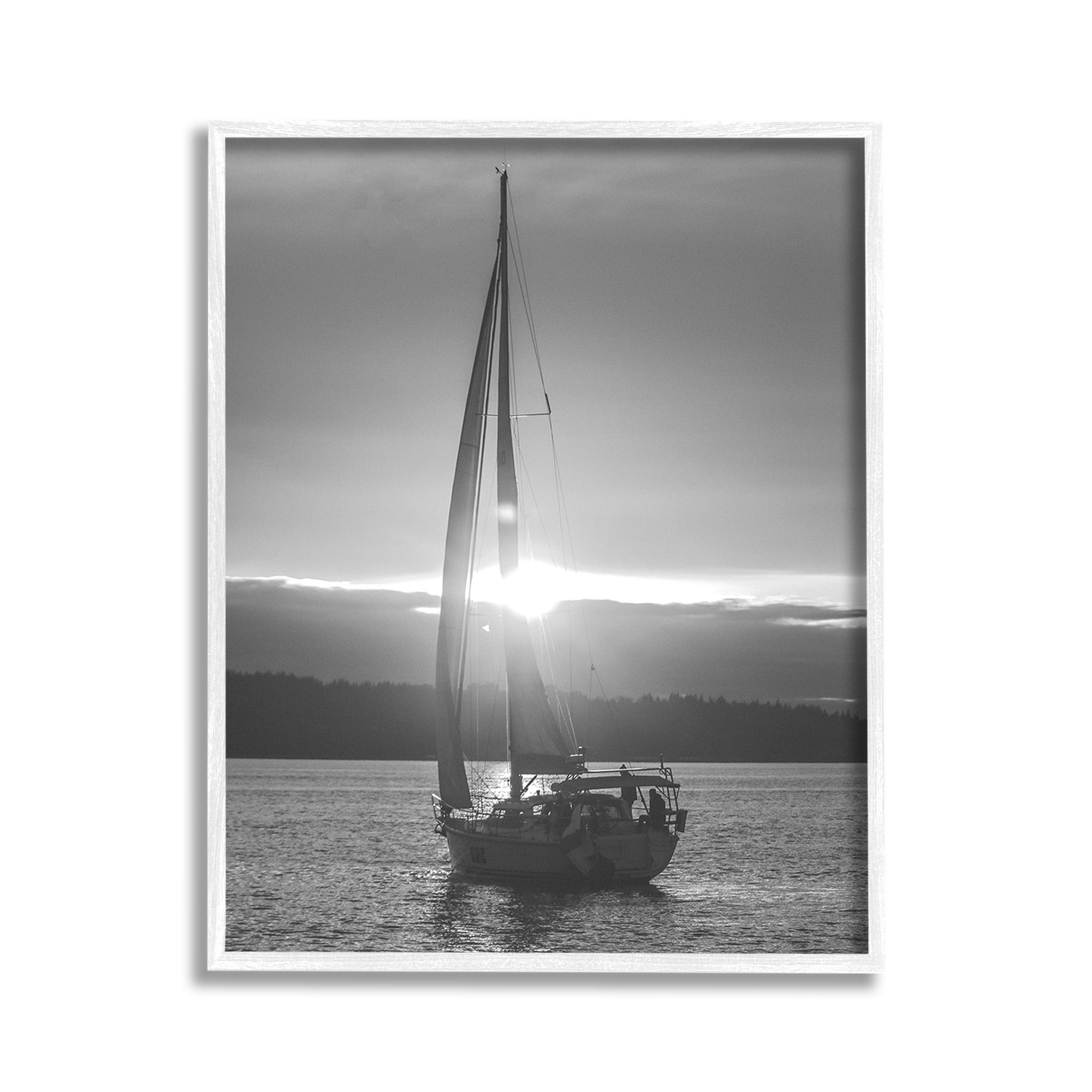 Stupell Industries Grey Sailboat Seascape Transportation Photography White Framed Art Print Wall Art, 11 x 14