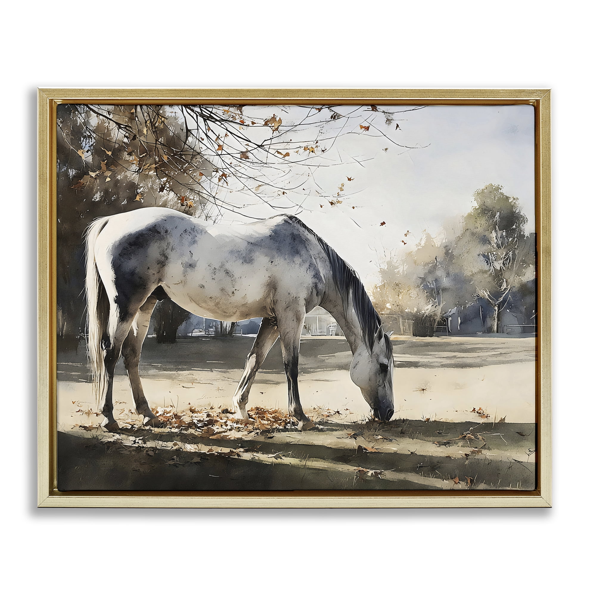 Stupell Industries Grey & White Mare Grazing Gold Framed Floater Canvas Wall Art, design by Franklyn Gregory