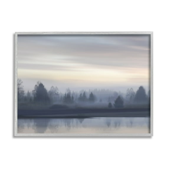 Stupell Industries Grey Woodland Lake Landscape Painting Gray Framed Art Print Wall Art, 20 x 16